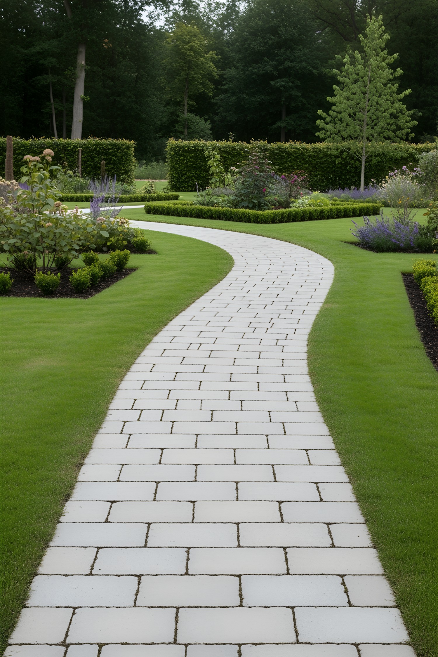 Curved stone path winding through a manicured garden