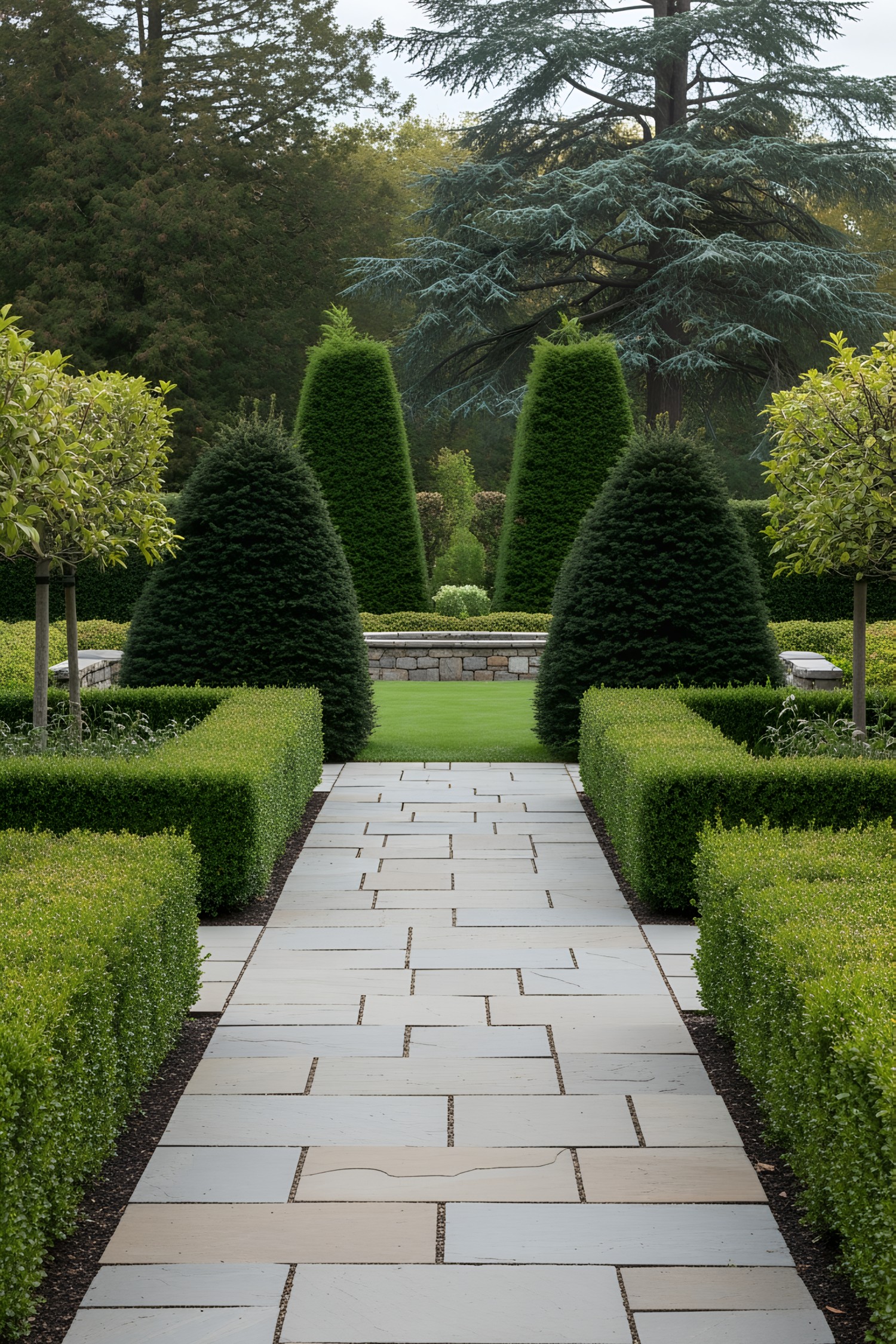 Neatly arranged stone walkway leading through manicured greenery