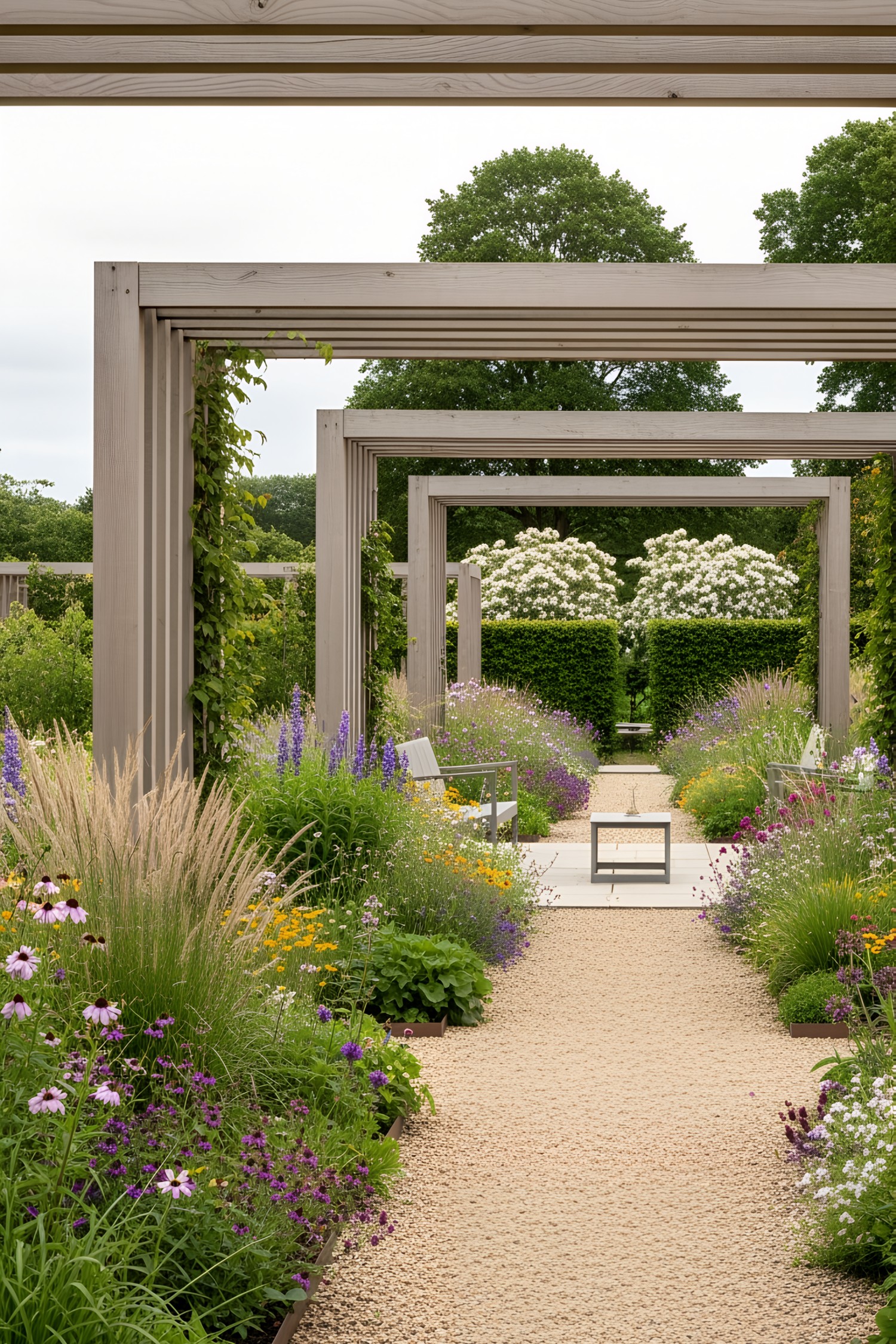 Wooden pergola pathway lined with vibrant flowers