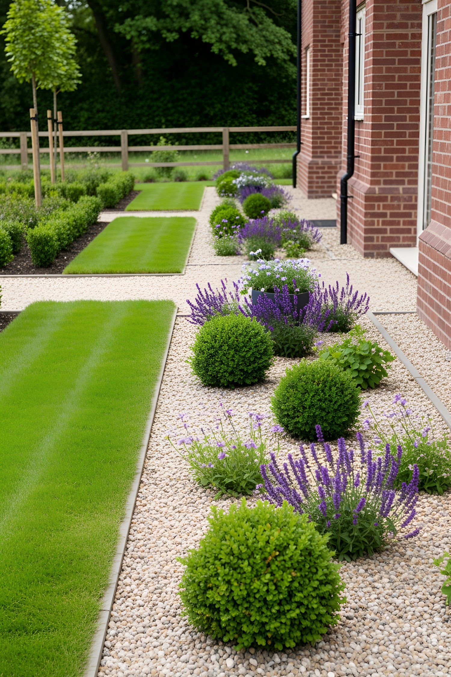 A charming garden path lined with lavender and vibrant greenery