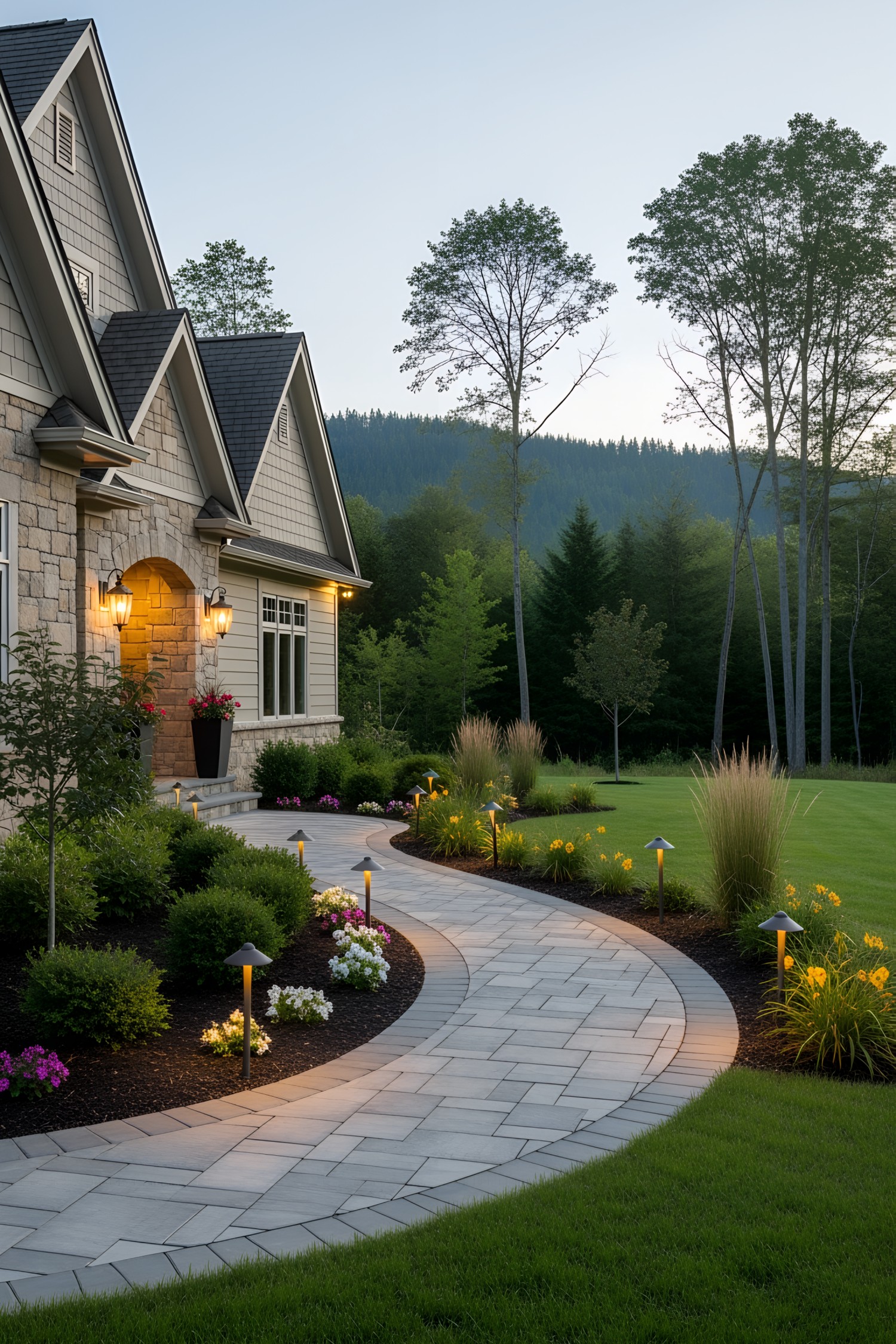 Curved stone pathway with glowing lights and lush garden