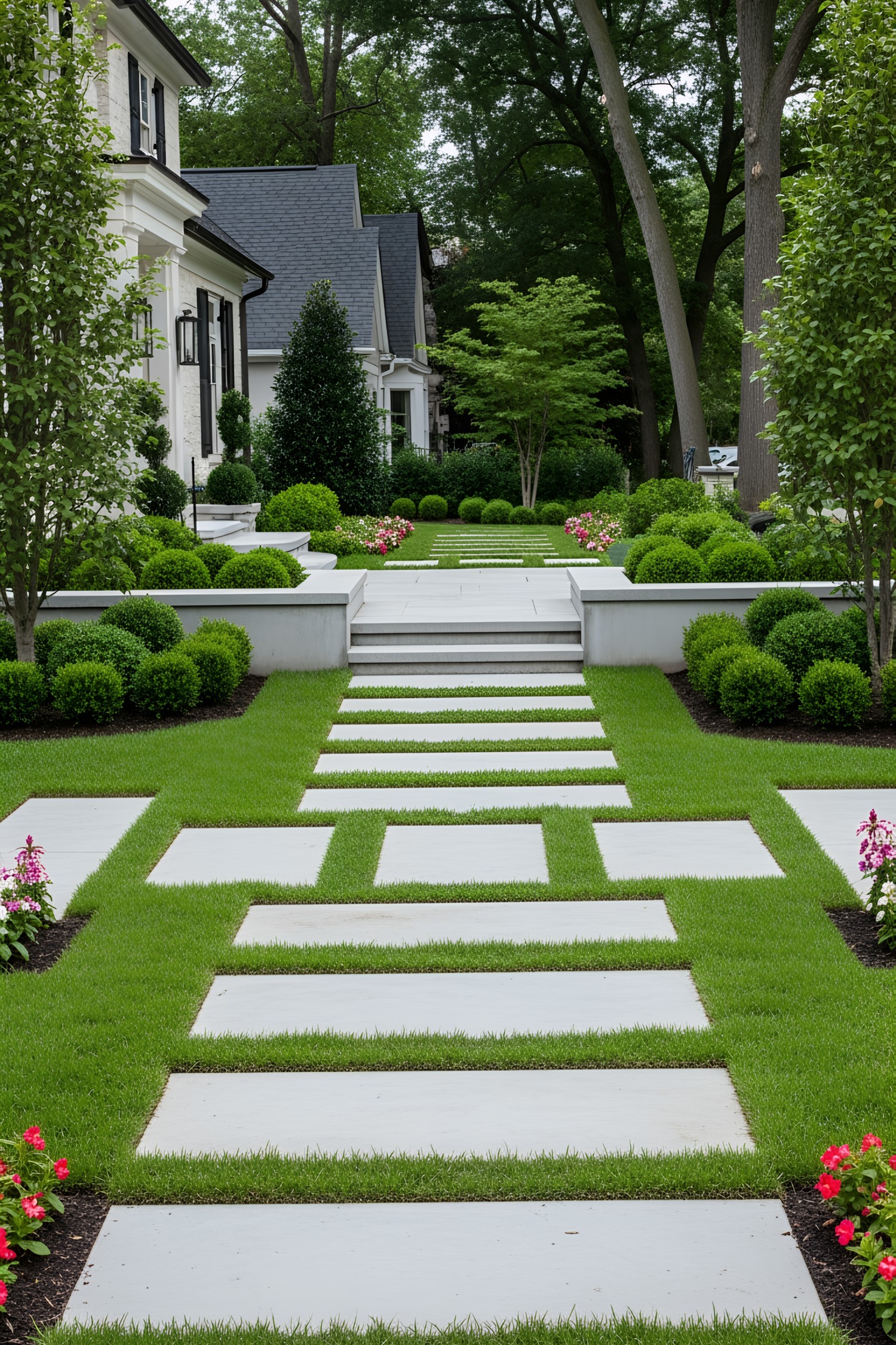Modern stone walkway through a manicured front yard