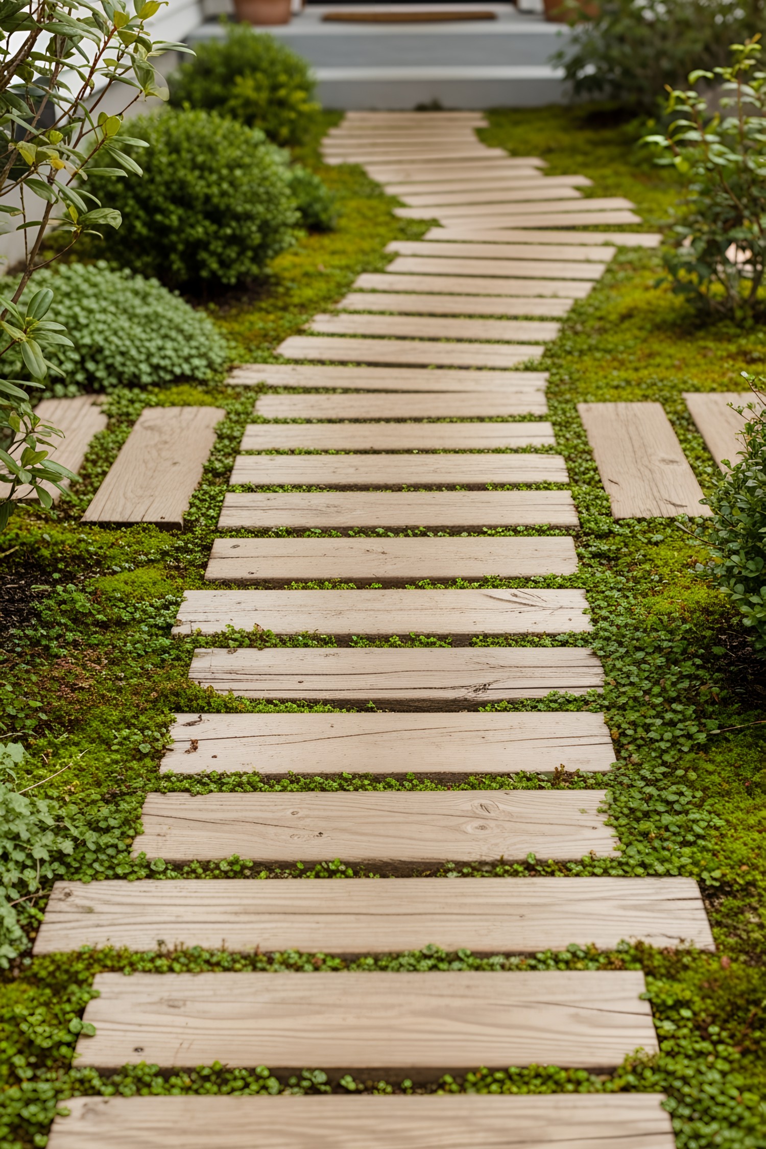 Wooden planks create a winding garden path
