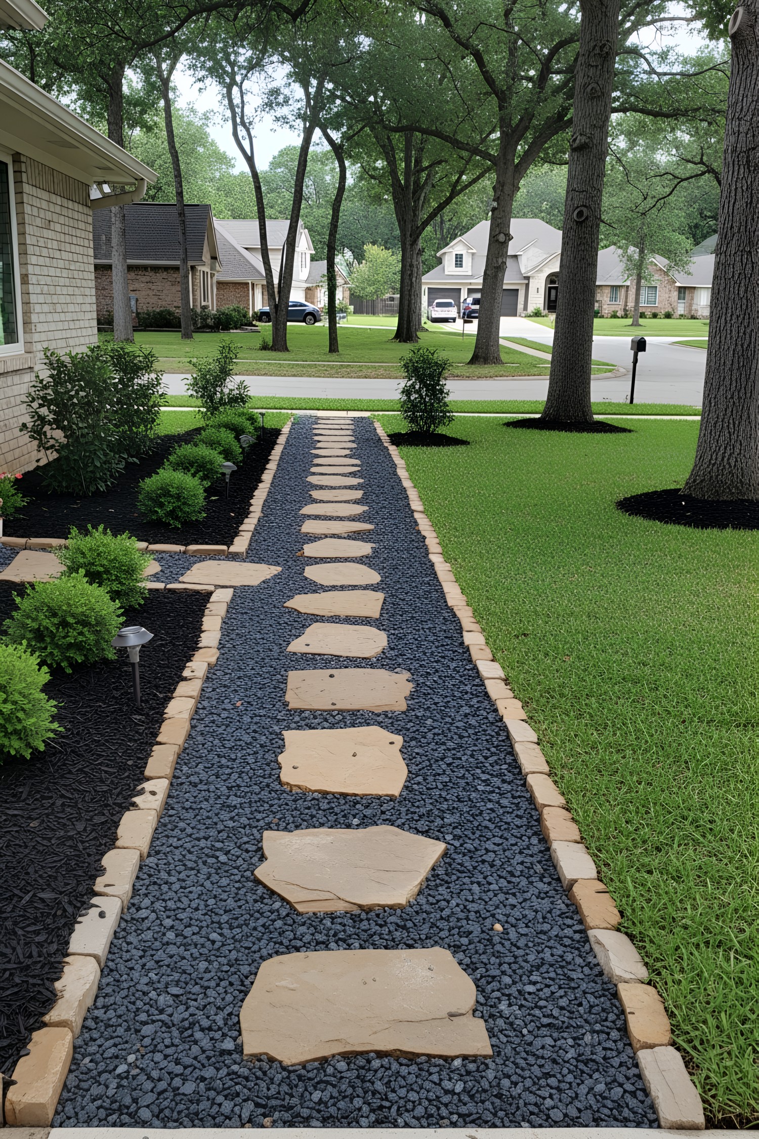 Front yard walkway with stone path and greenery