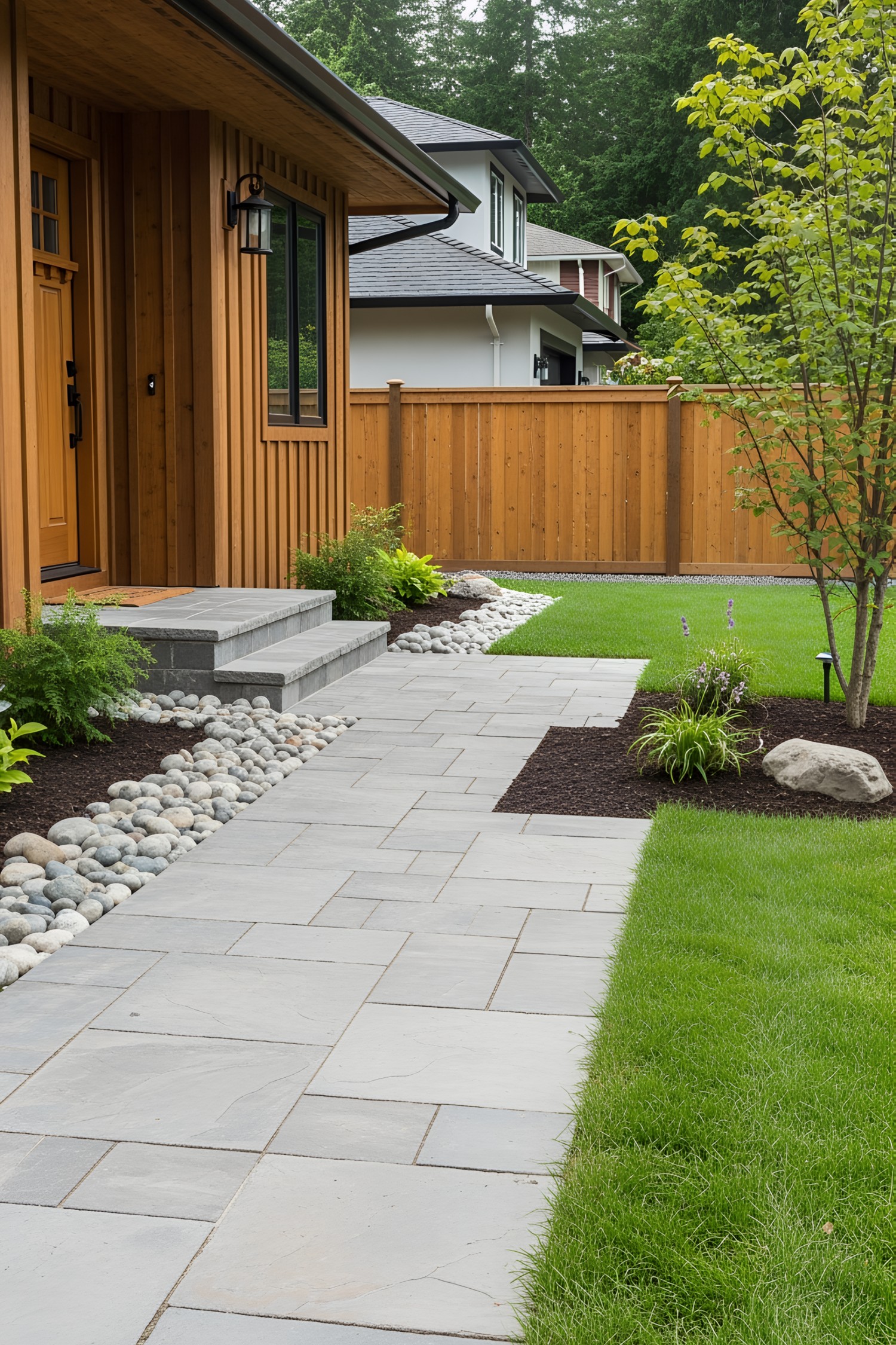 Gray stone walkway with pebbles and green lawn