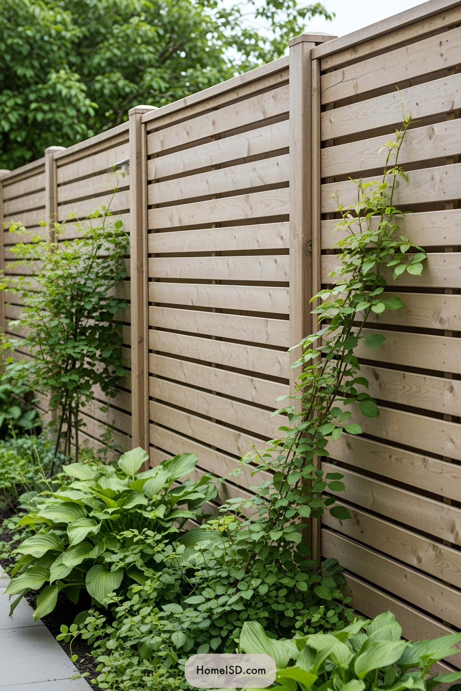 Wooden fence with climbing plants