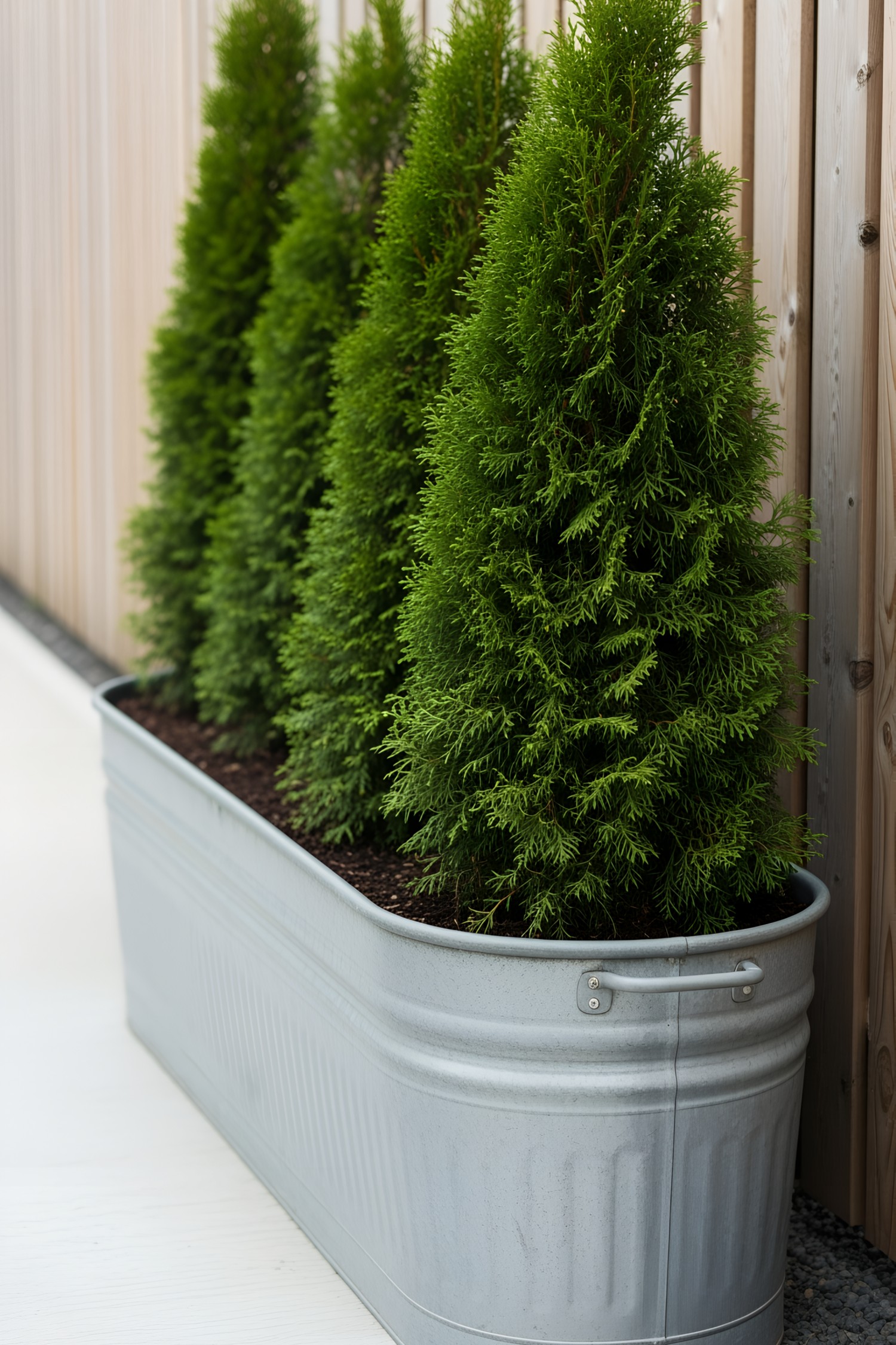Row of lush green plants in a galvanized metal tub on a wooden deck