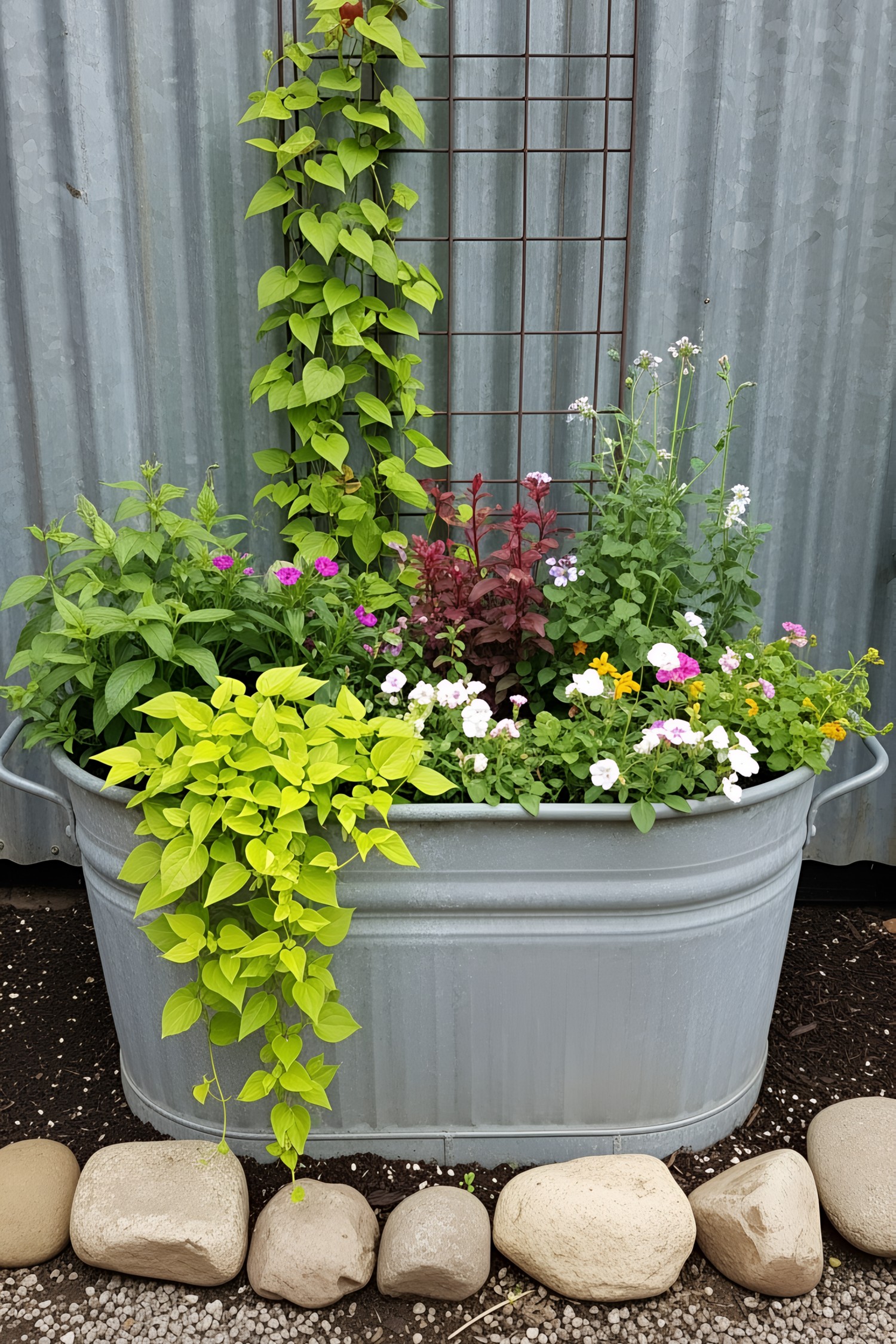Colorful flowers flourishing in a galvanized tub planter