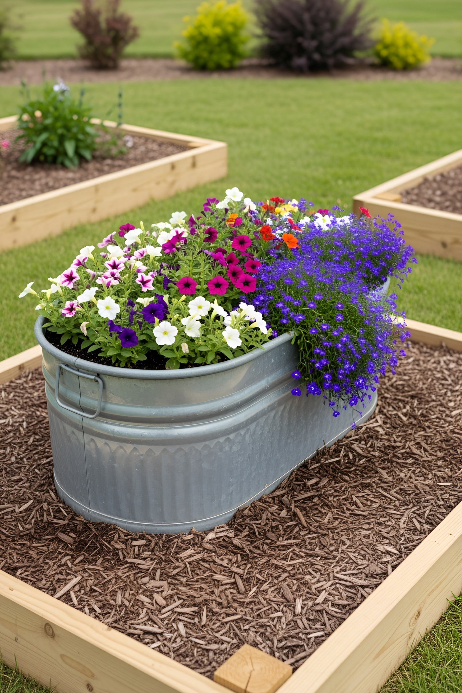 Colorful flowers in a galvanized tub on a mulch bed