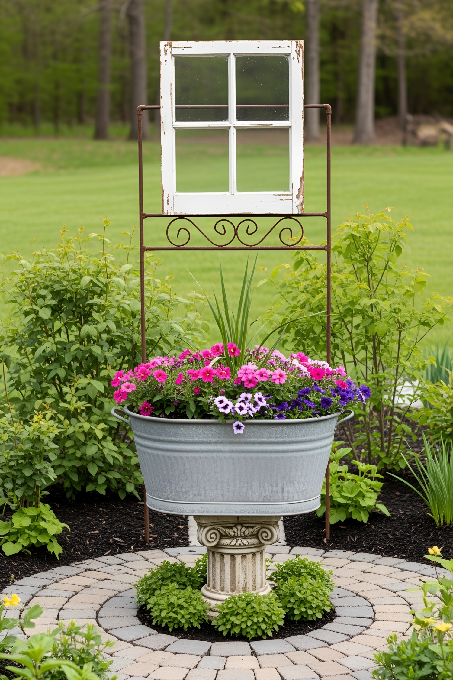 An old window frame above a galvanized tub planter filled with colorful flowers