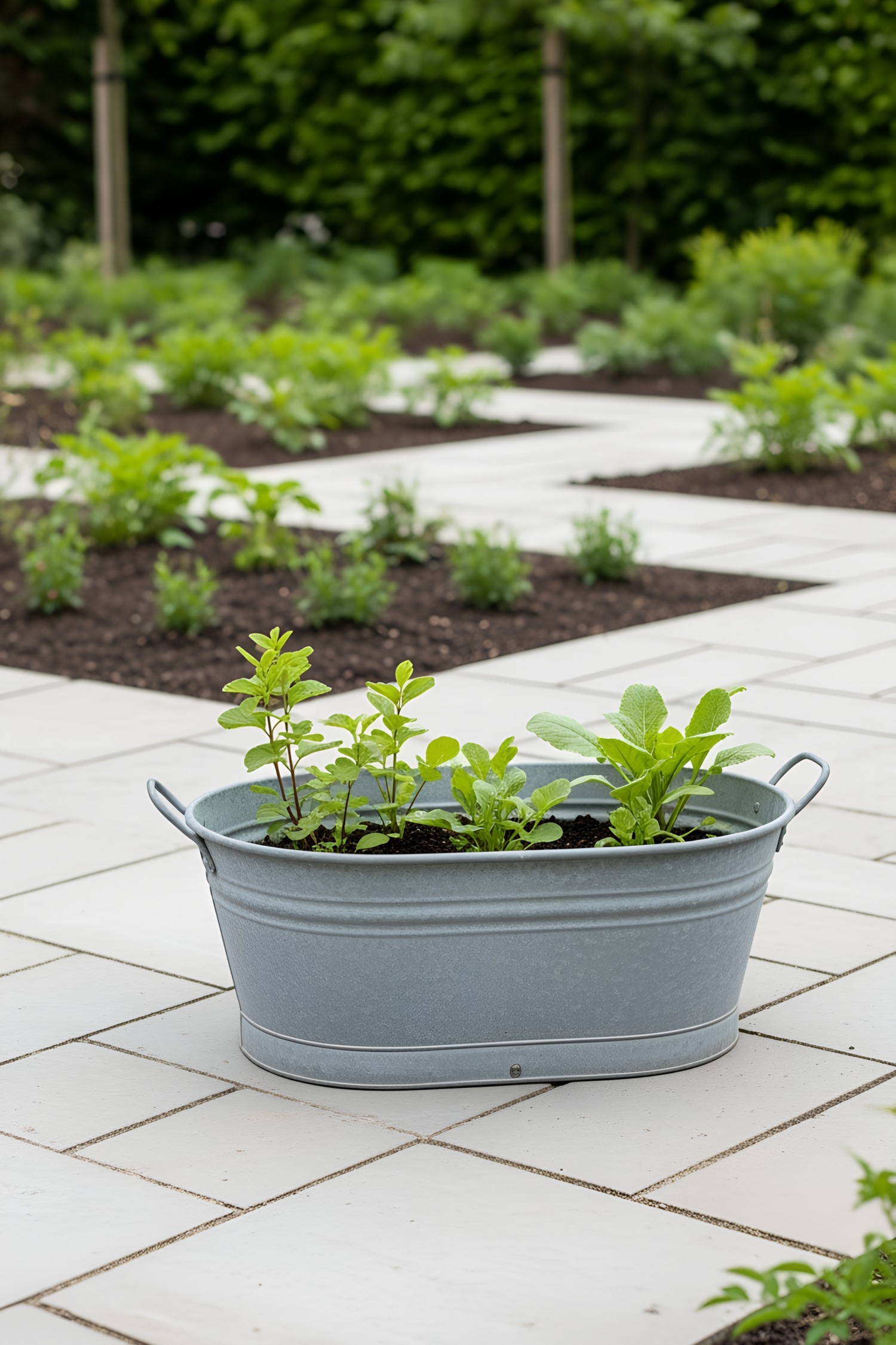 Metal tub with green plants on a tiled patio