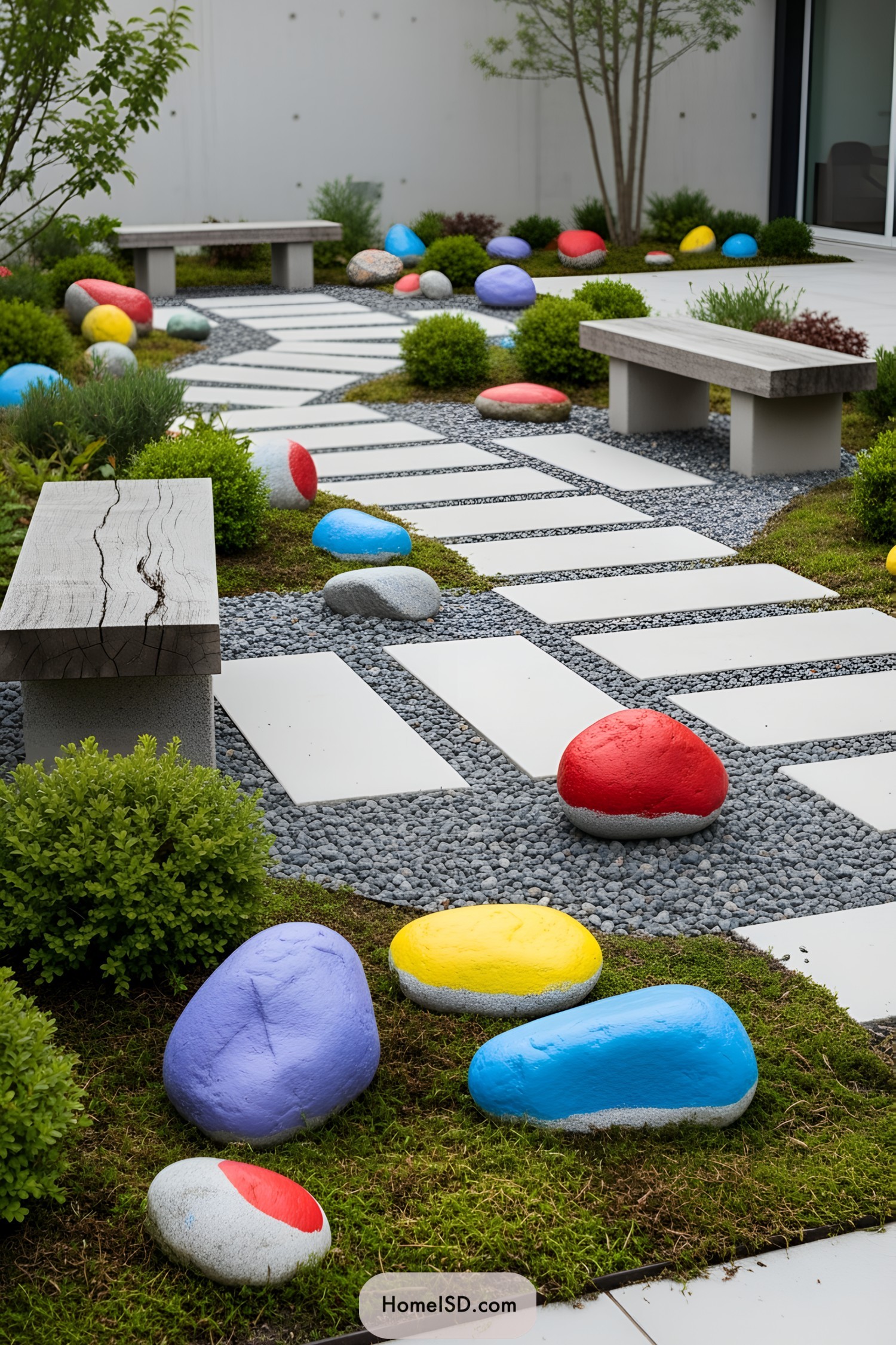 Colorful painted stones scattered in a modern garden with benches