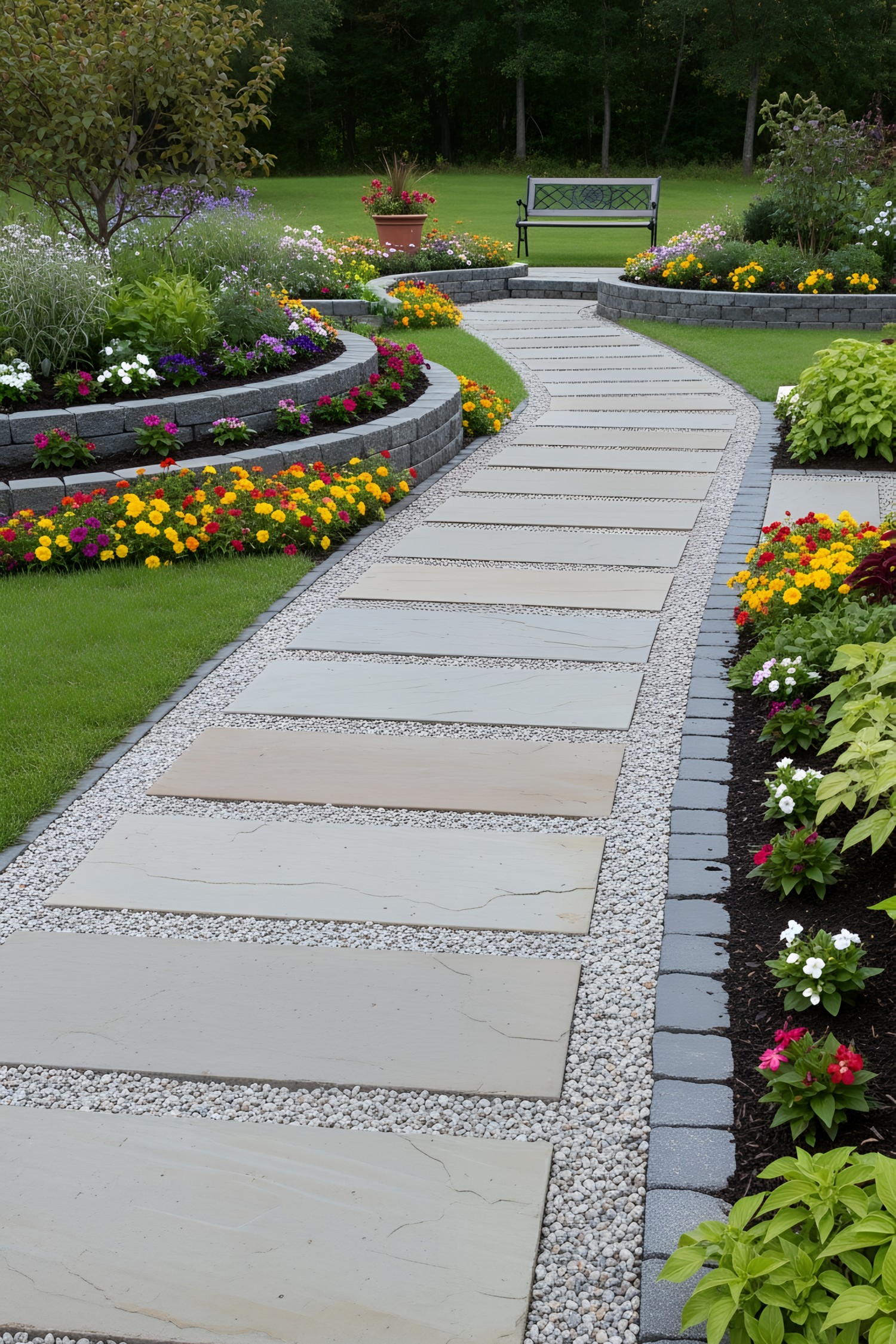 Colorful flowers lining a stone garden path