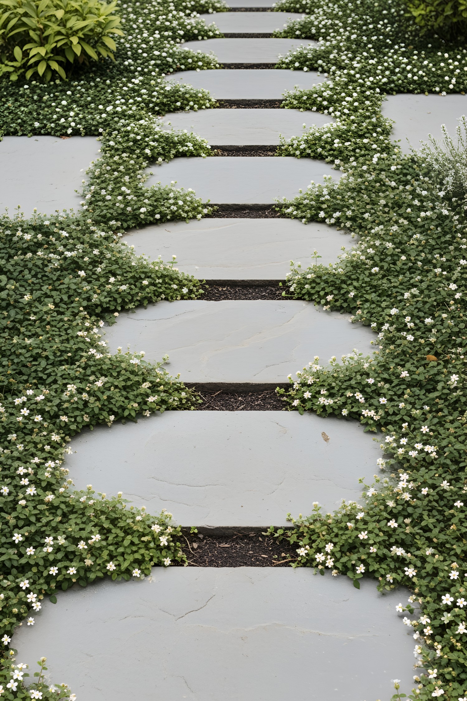 Garden pathway with large stepping stones surrounded by green foliage and white flowers