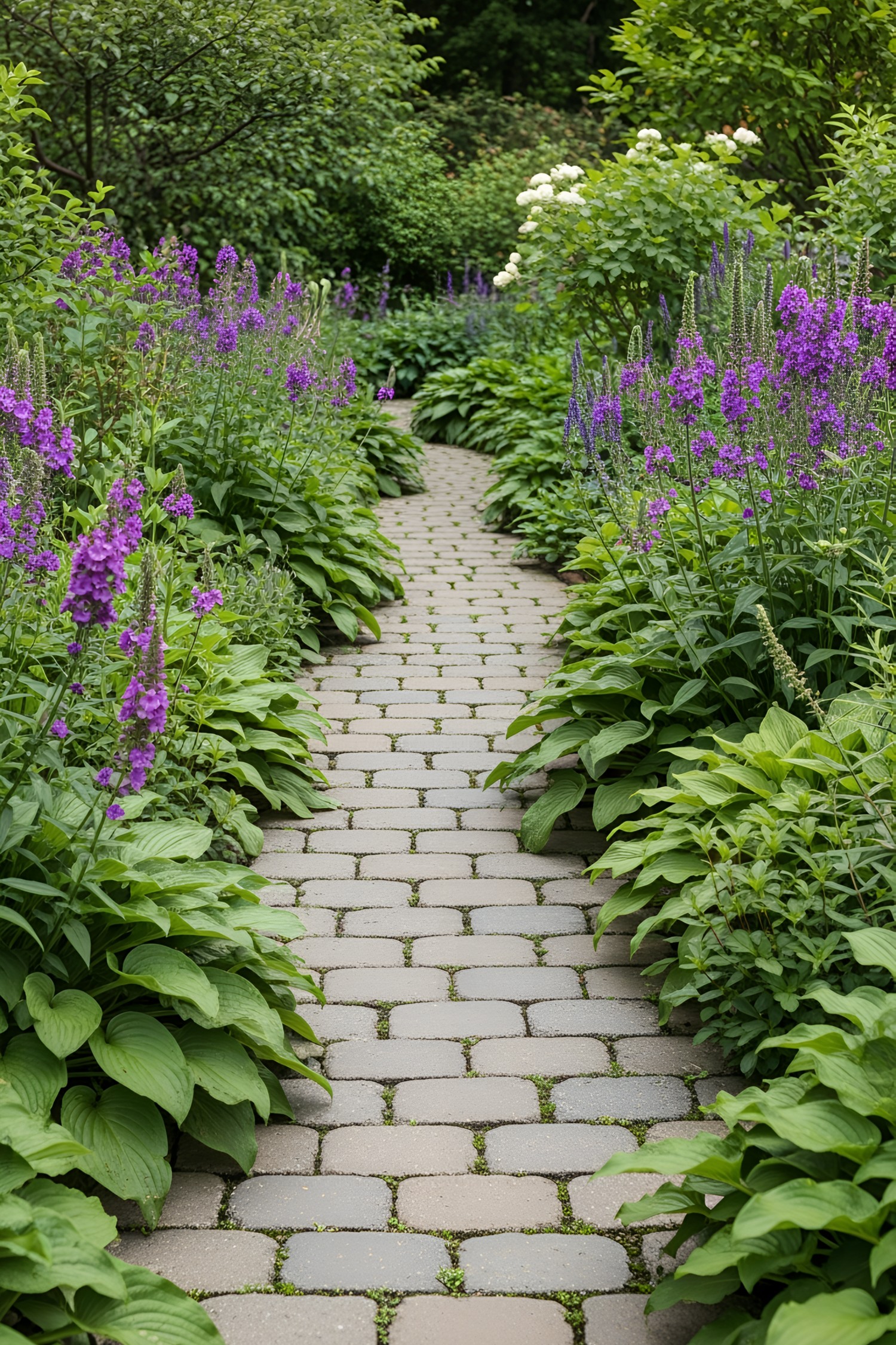 Brick path lined with lush green plants and purple flowers