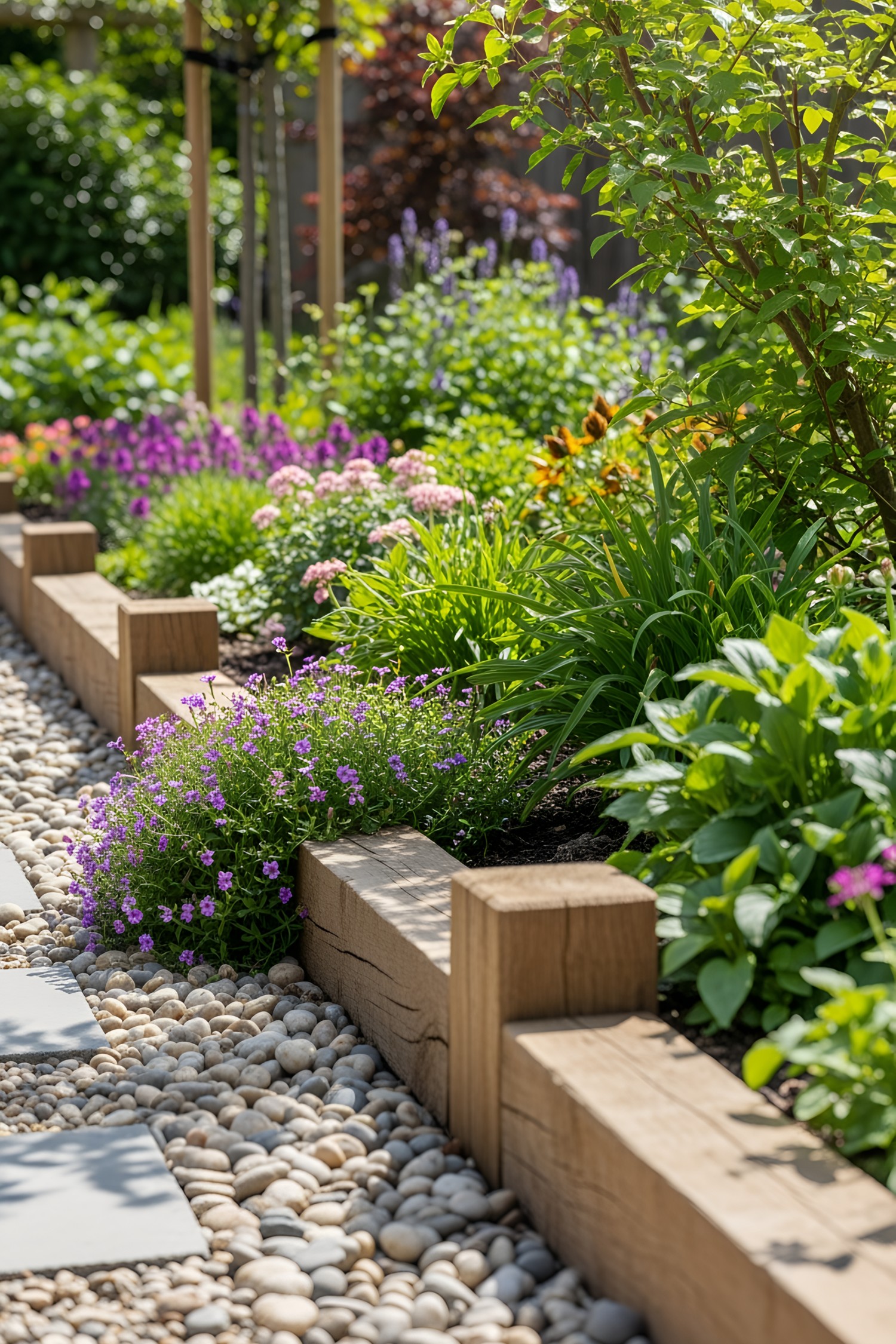 Colorful garden bordered by stones and wooden beams