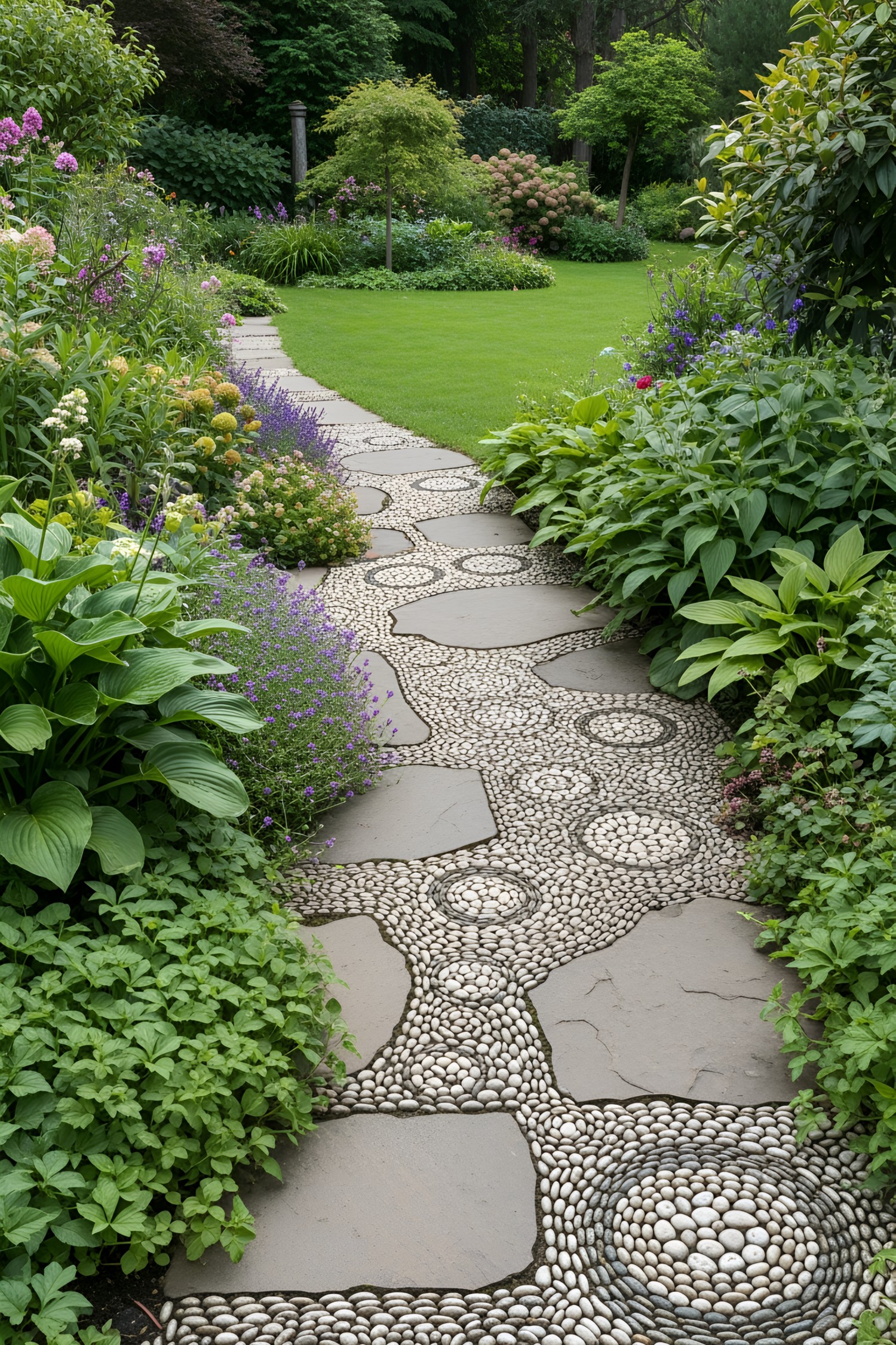 Colorful garden walkway with vibrant plants and pebble patterns