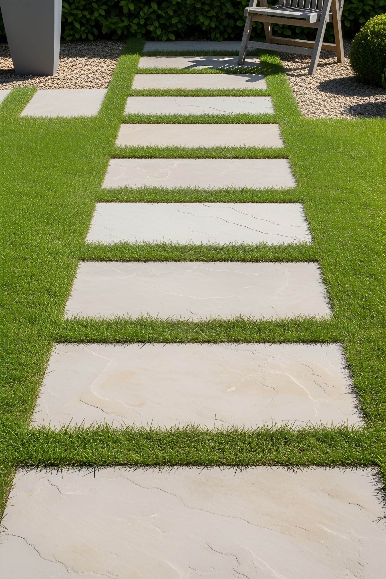 Modern garden pathway with stepping stones and lush grass