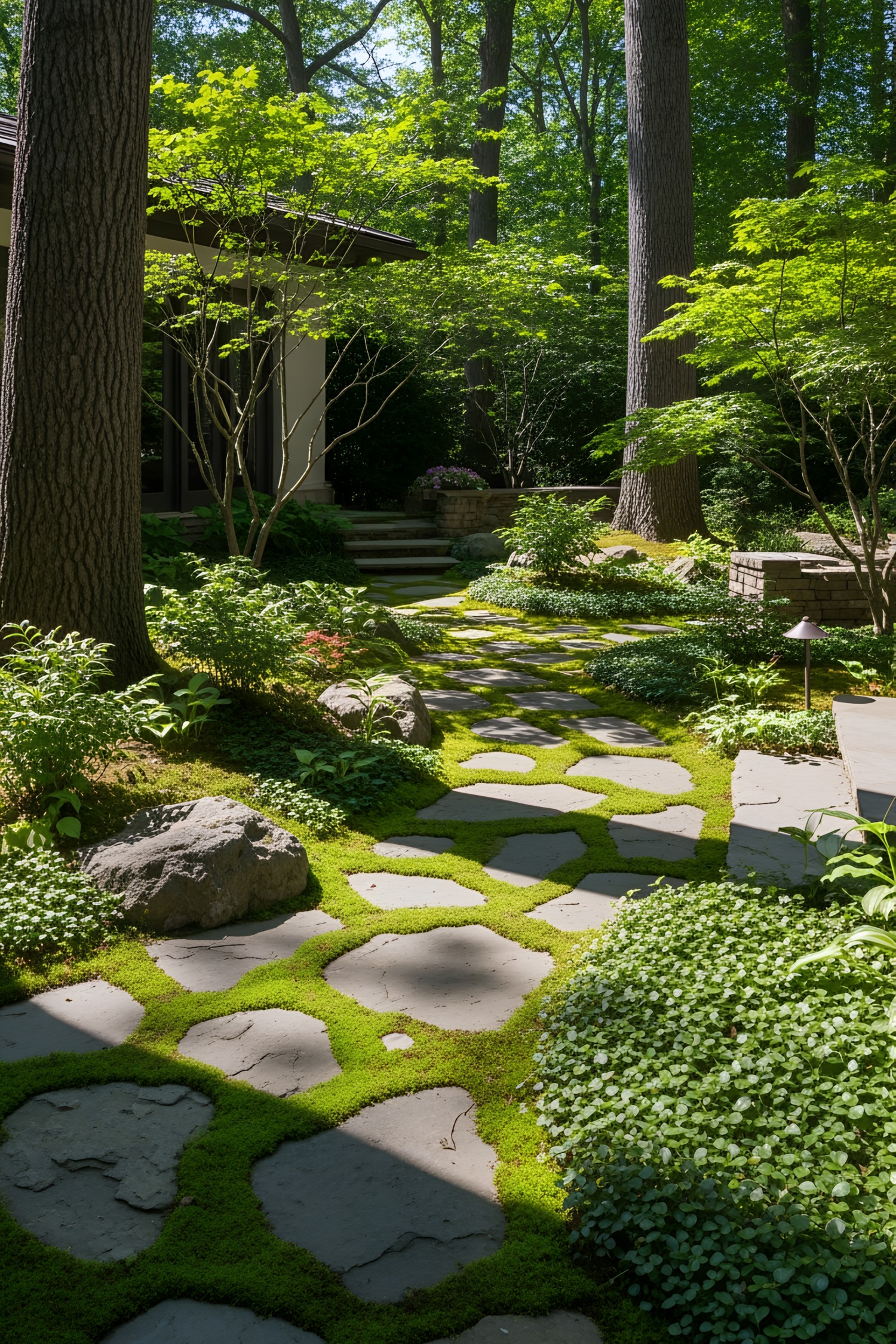 Serene flagstone pathway through lush garden
