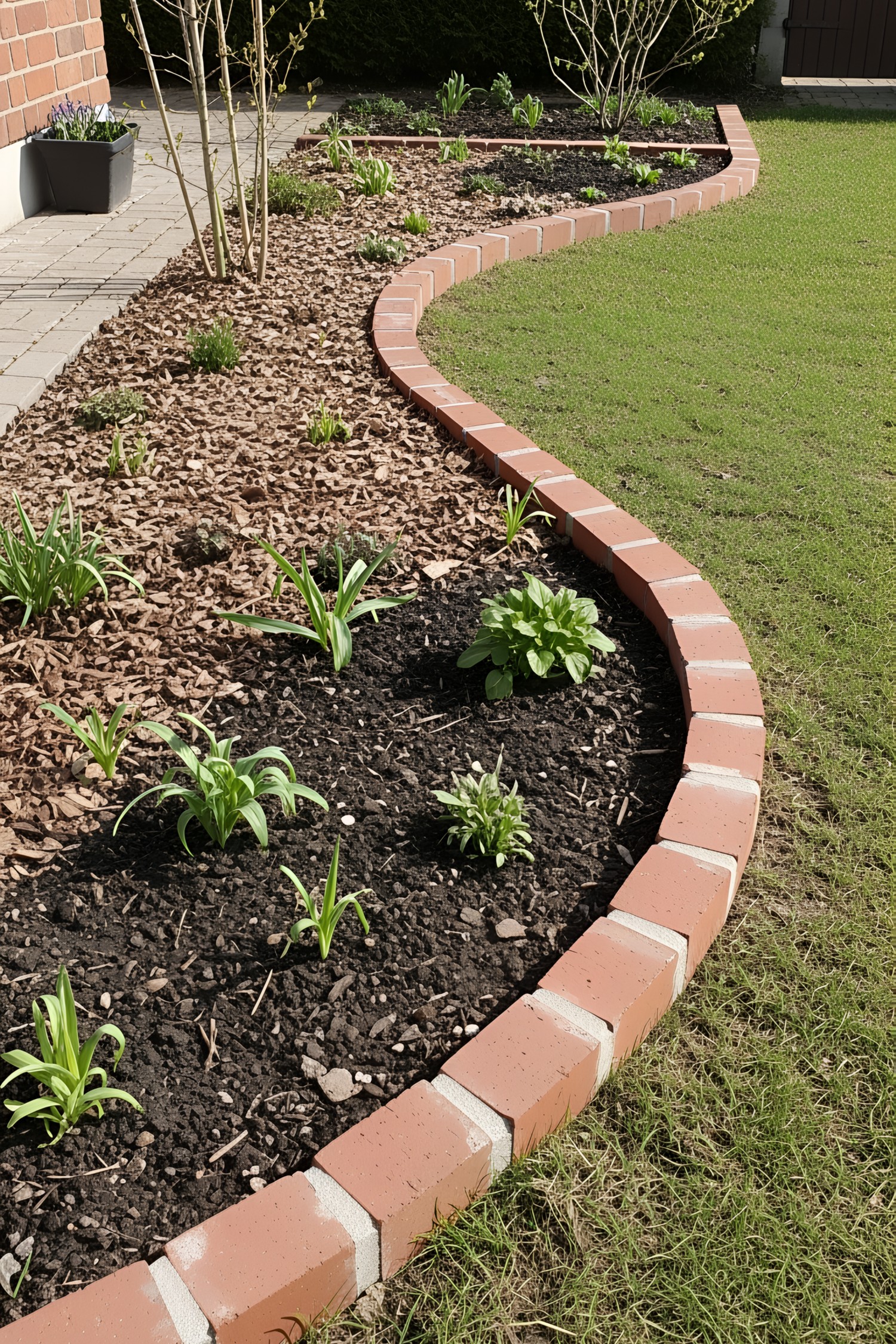 Curved brick edging separates garden from lawn with style