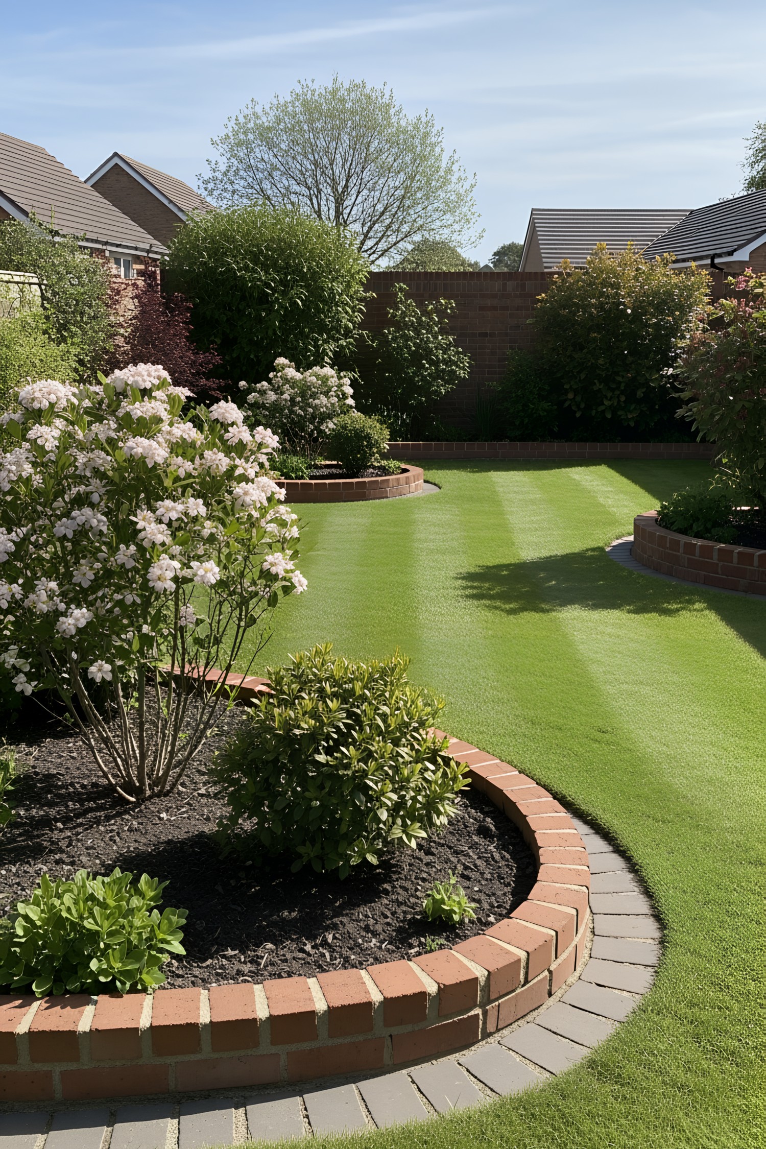 Curved brick edging with vibrant foliage in a garden