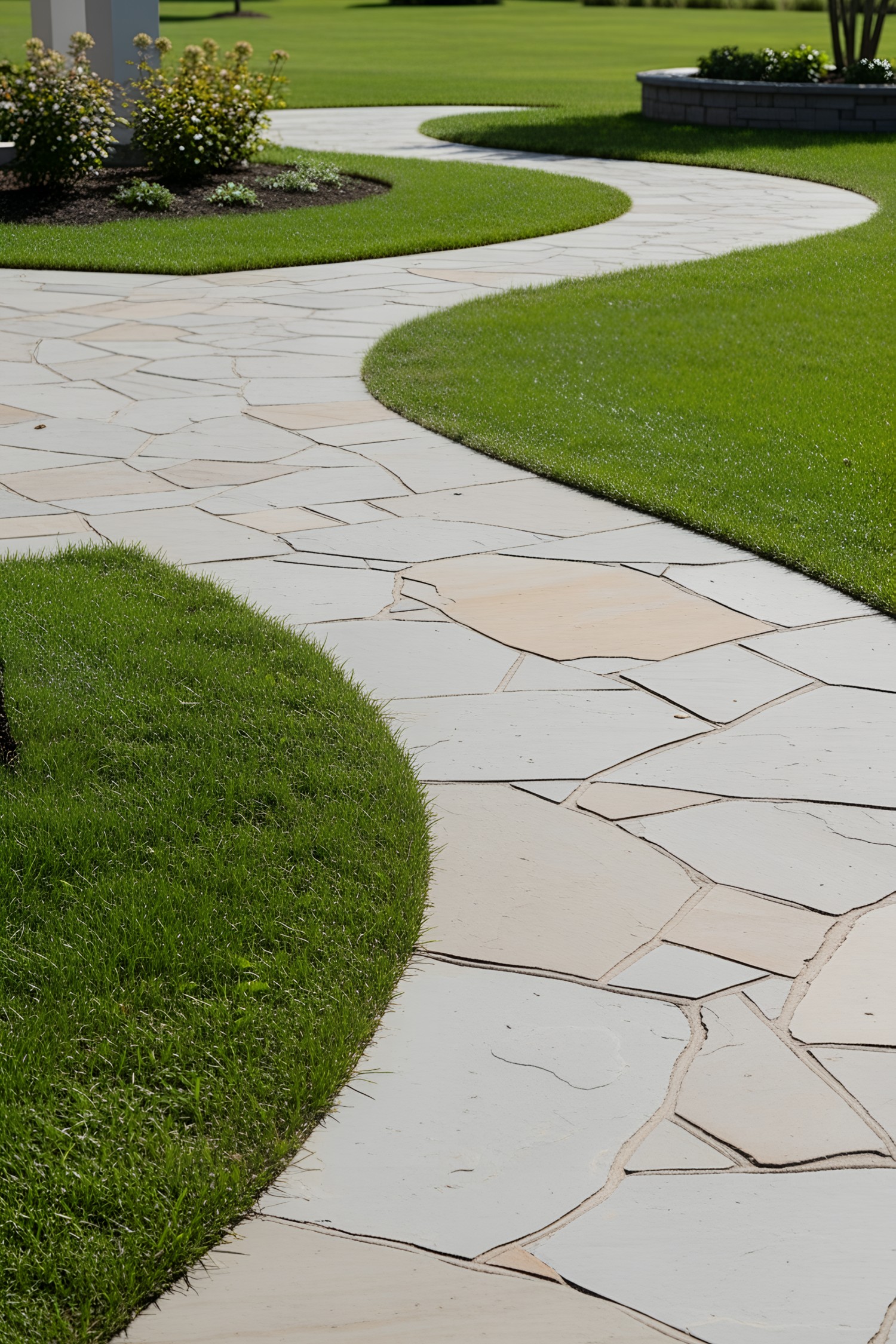 Curved flagstone path with lush green borders