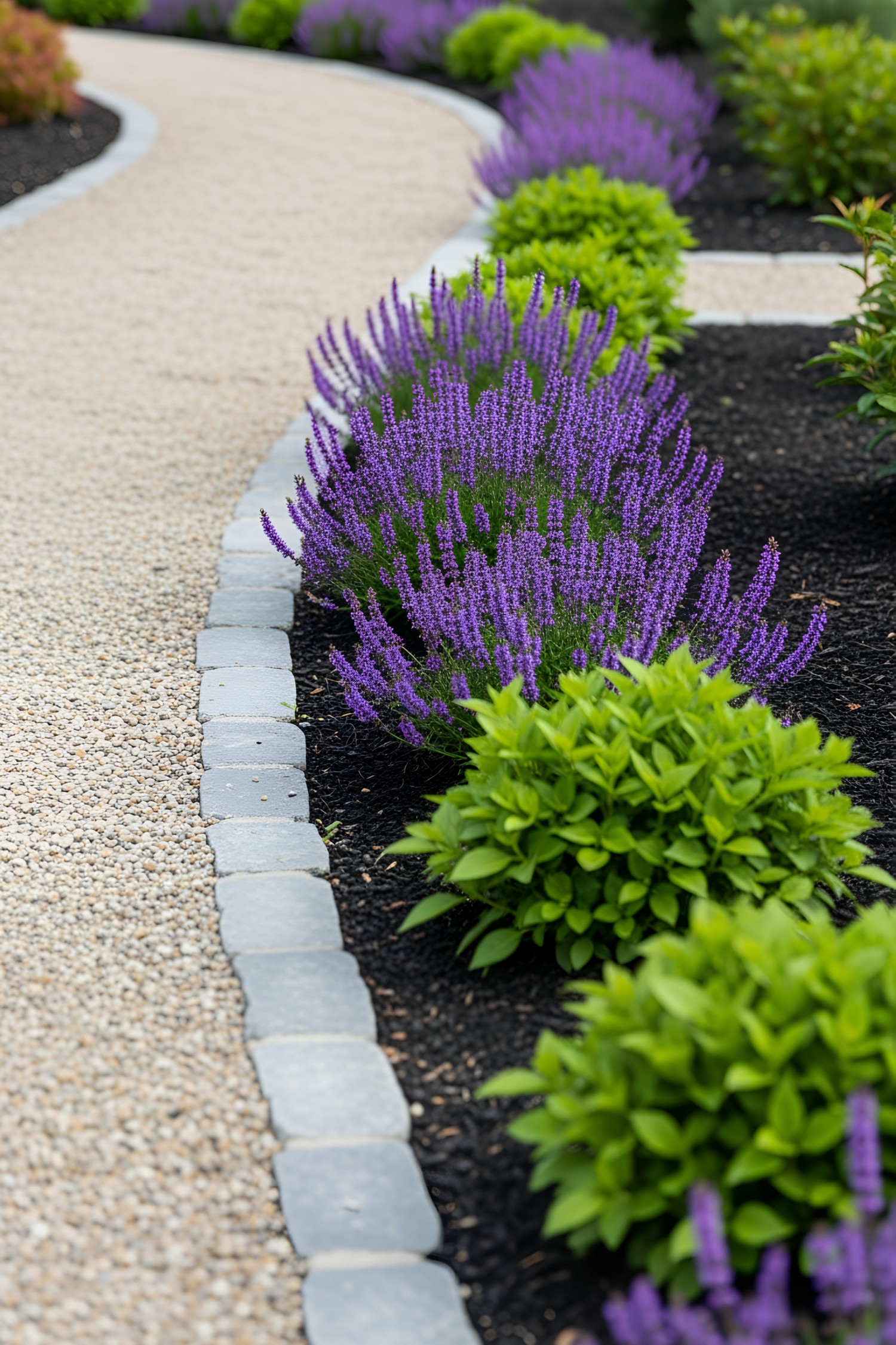 Gravel path bordered by vibrant purple and green plants