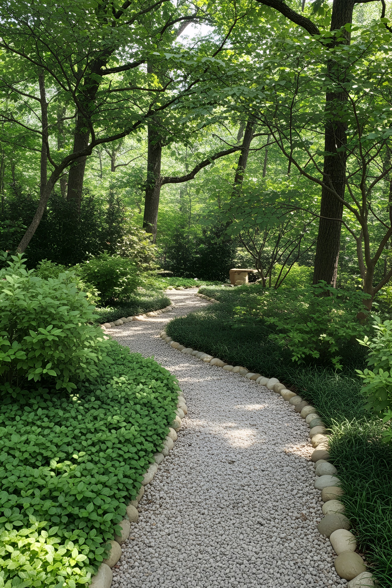 A curving gravel path winds through a lush garden