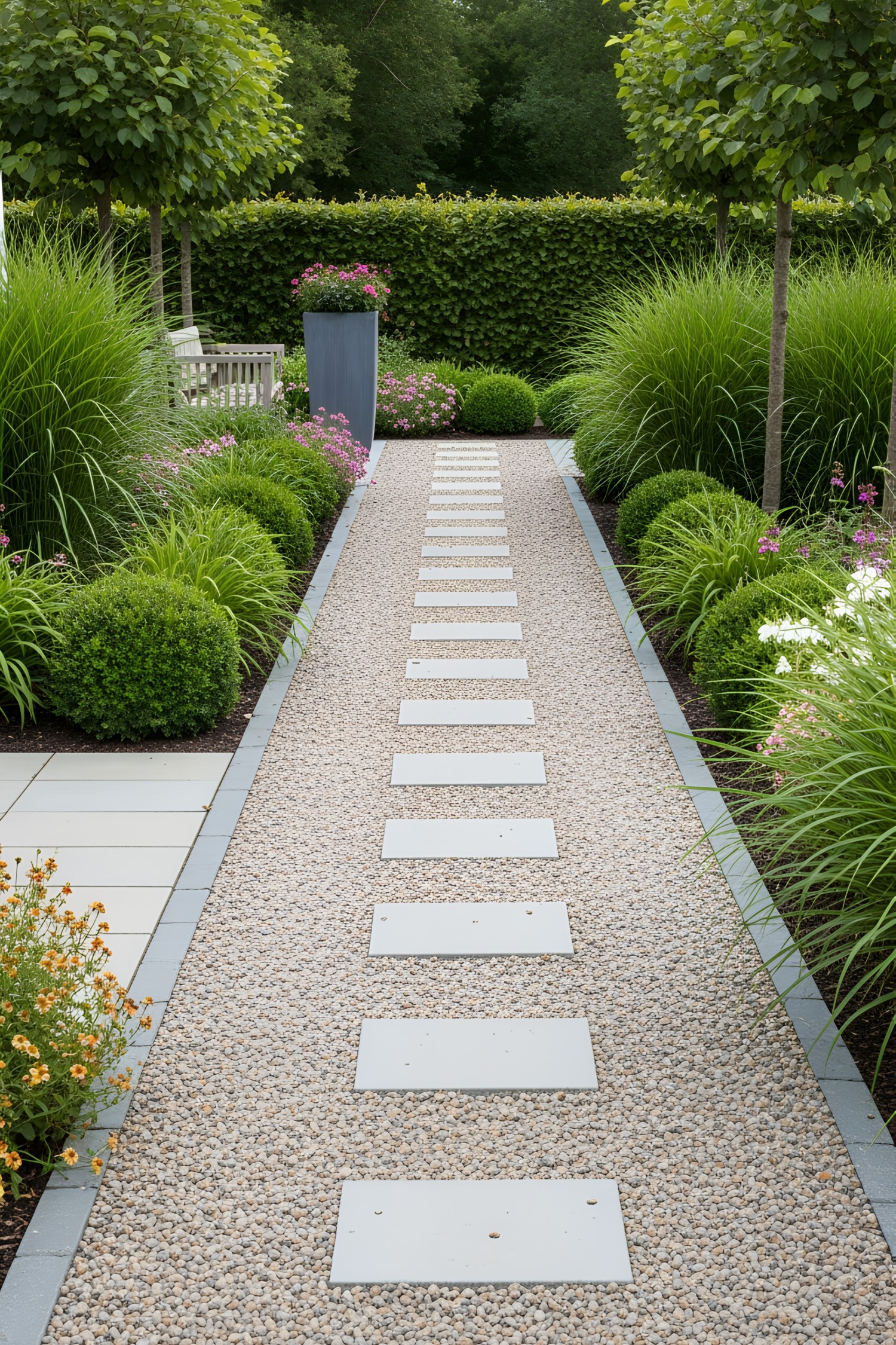Modern gravel path lined with plants and pavers