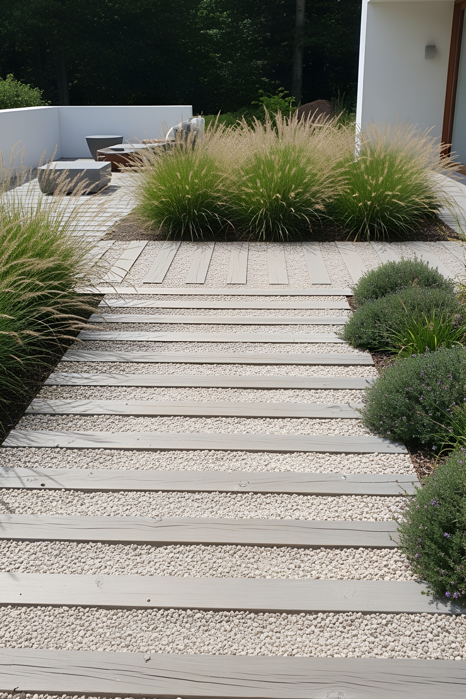 Wooden pathway flanked by tall grasses and smooth gravel