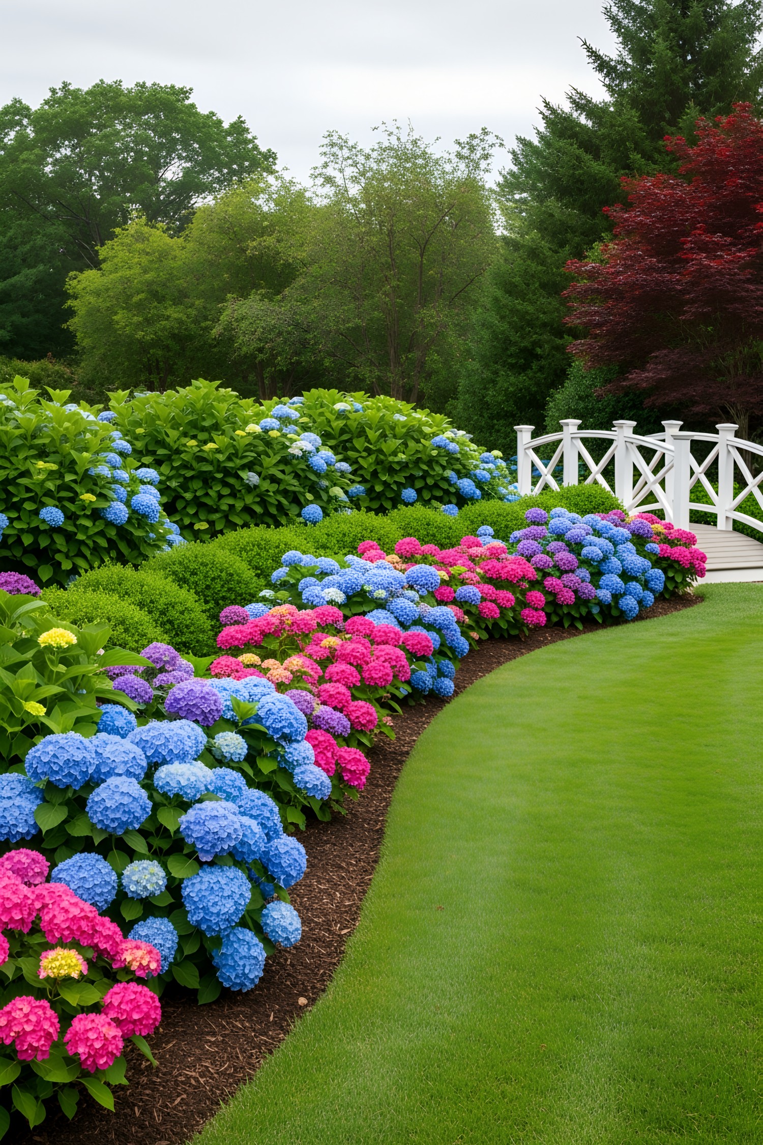Vibrant hydrangeas line a garden path