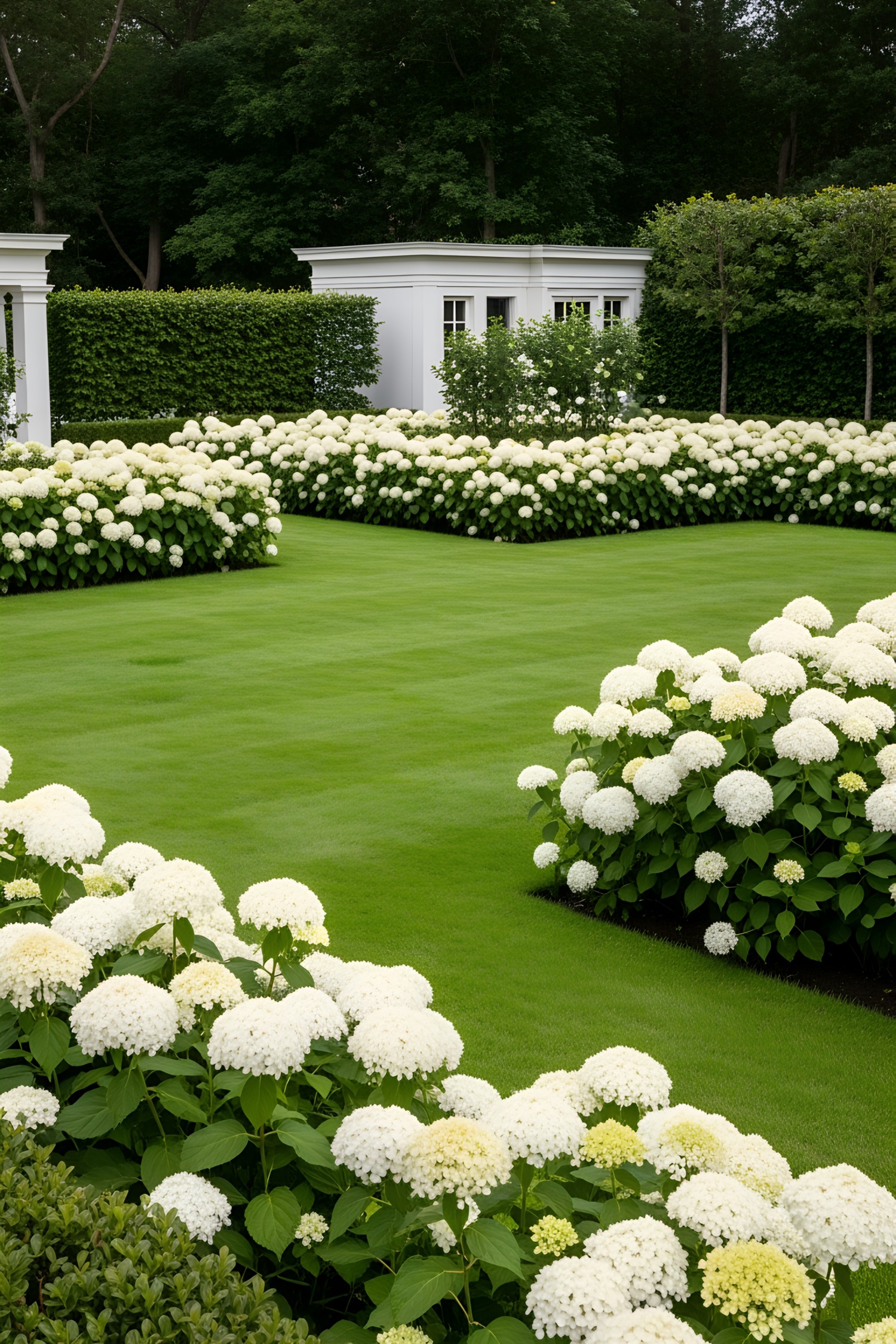 A lush garden with blooming white hydrangeas, framed by manicured hedges