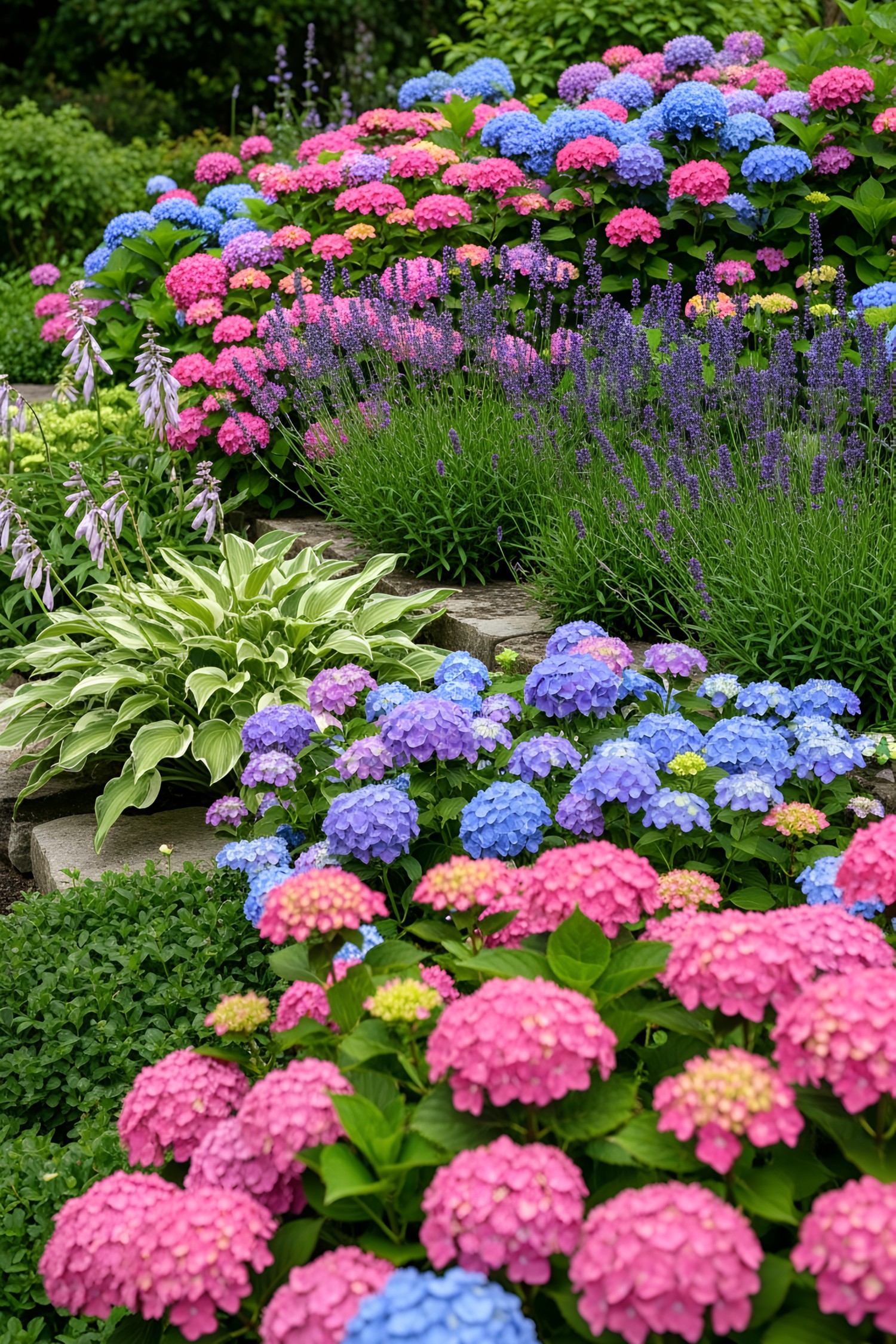 Vibrant pink, blue, and purple hydrangeas with lush greenery