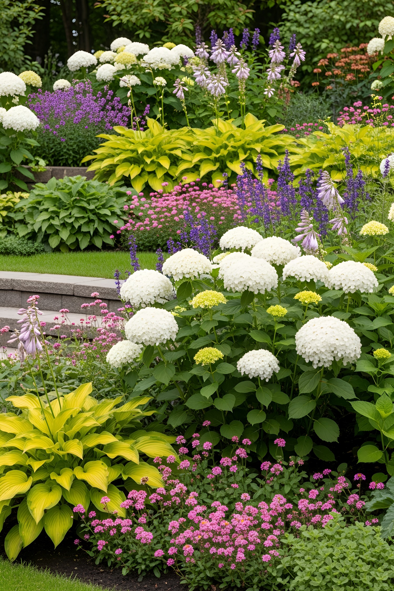 Lush garden with vibrant hydrangeas and colorful flowers