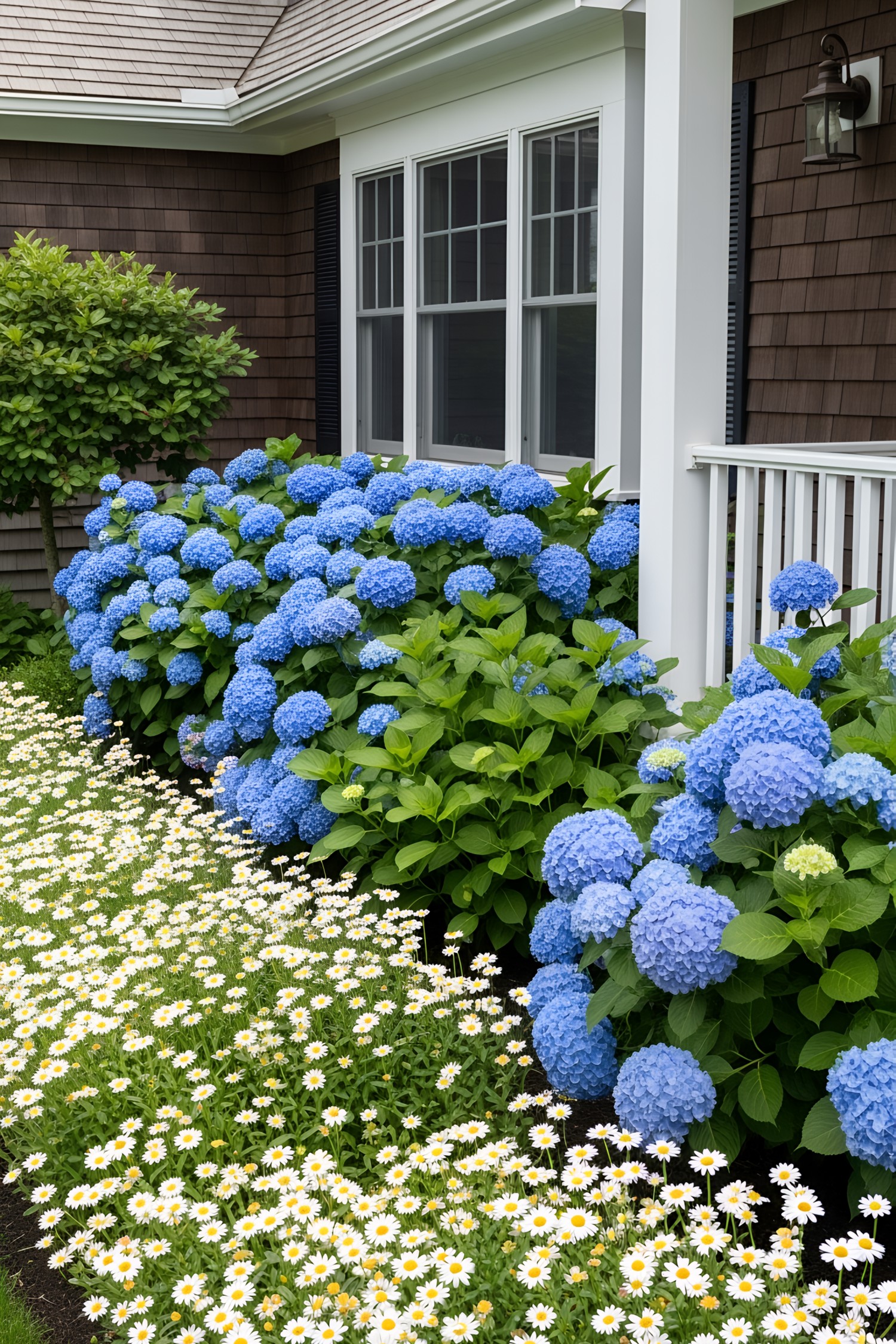 Vibrant blue hydrangeas bloom next to a quaint house