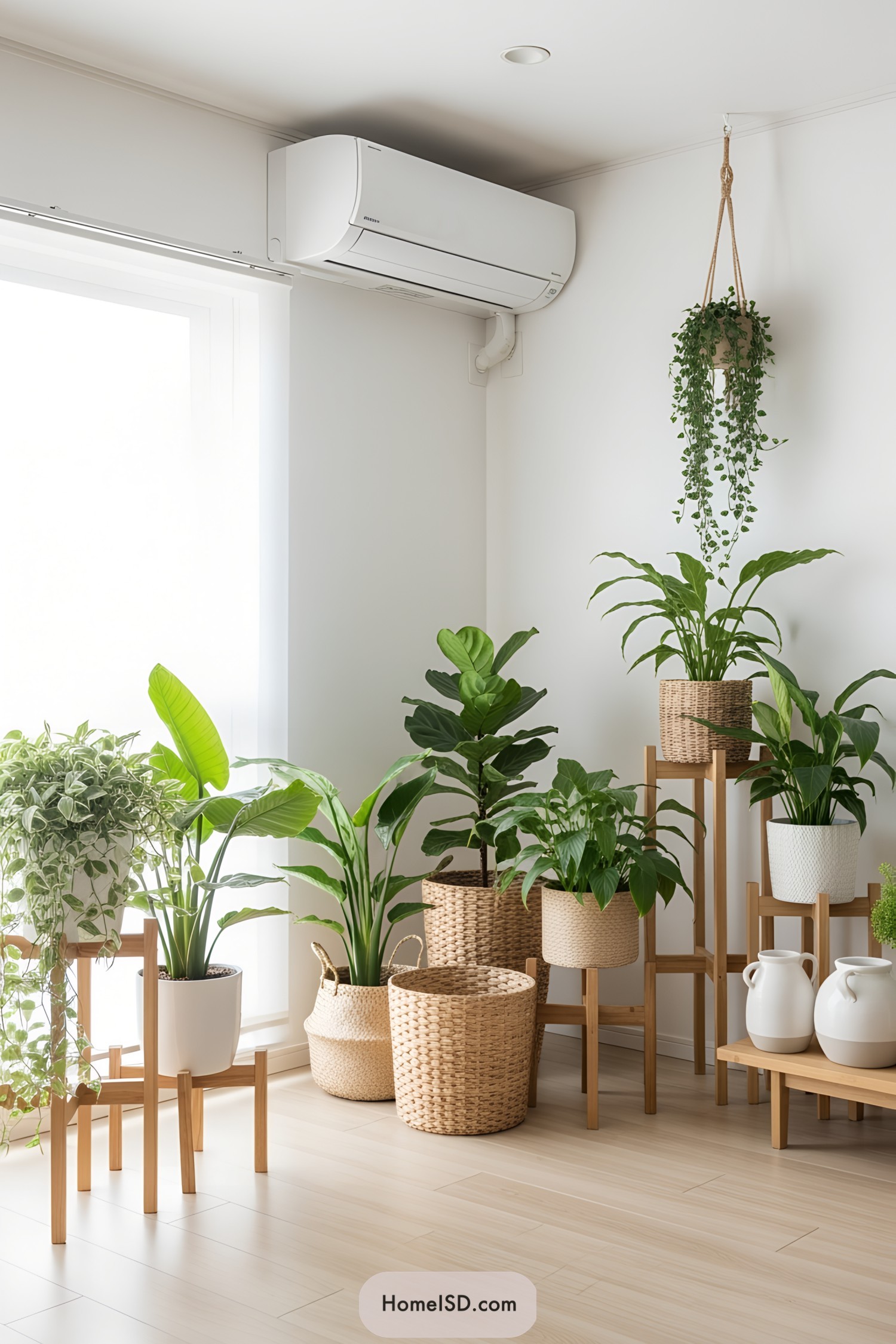 Various indoor plants in decorative pots and stands in a sunlit room