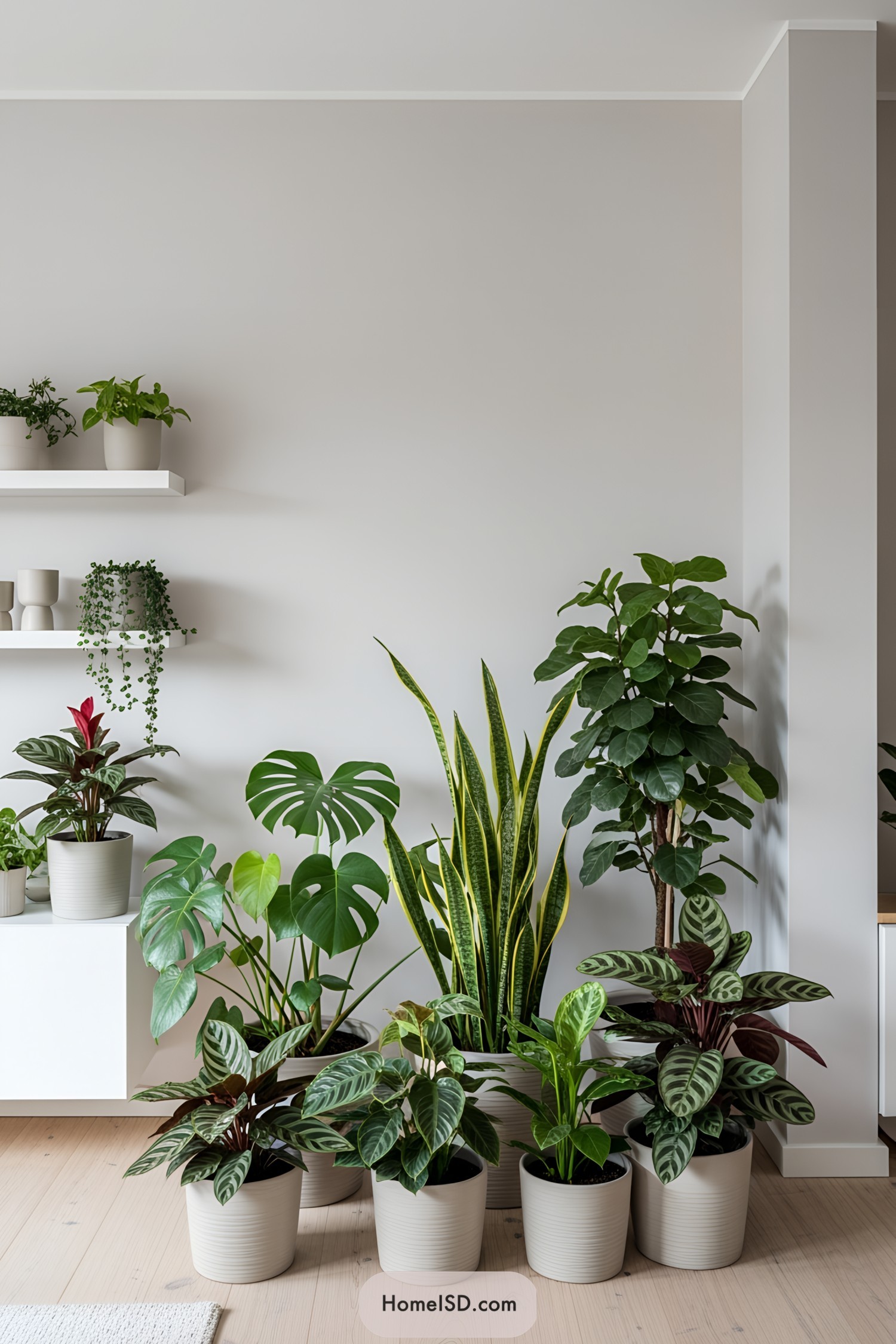 A collection of lush indoor plants with a minimalist backdrop