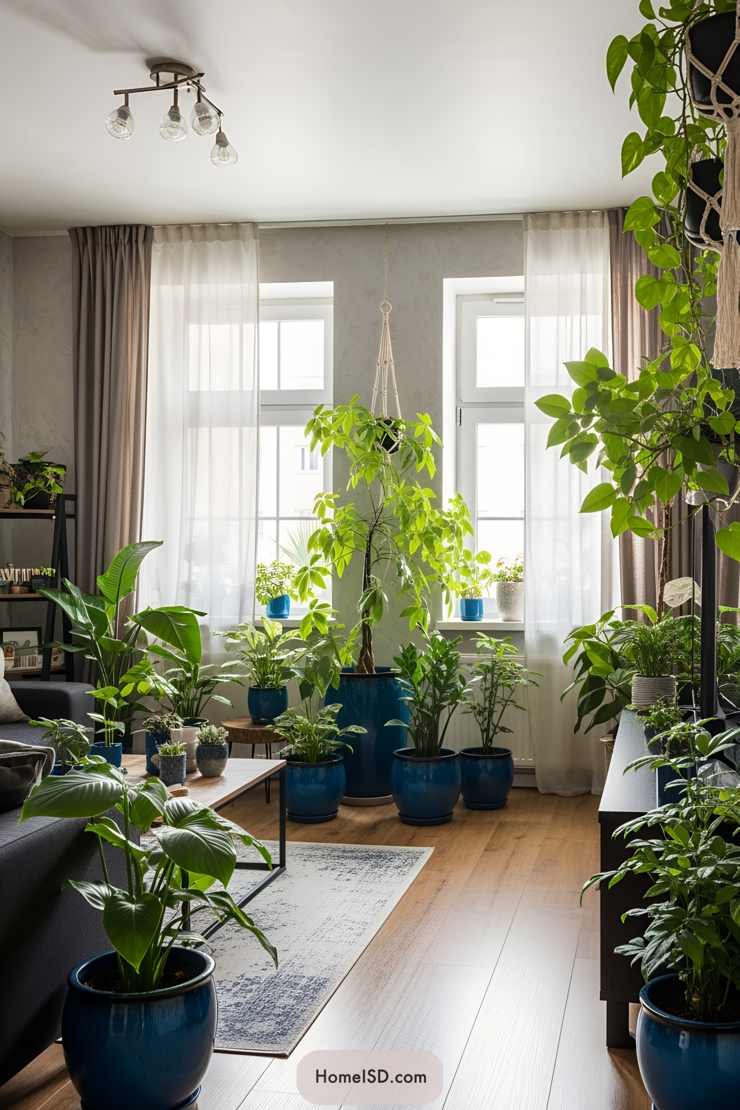 Indoor plants in blue pots by a sunny window