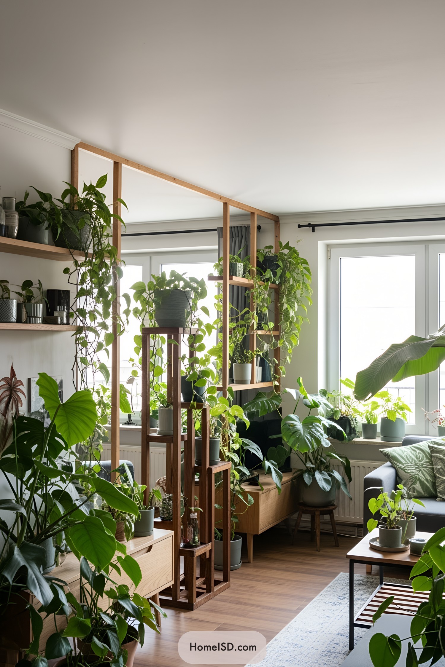 Sunlit room filled with various lush indoor plants