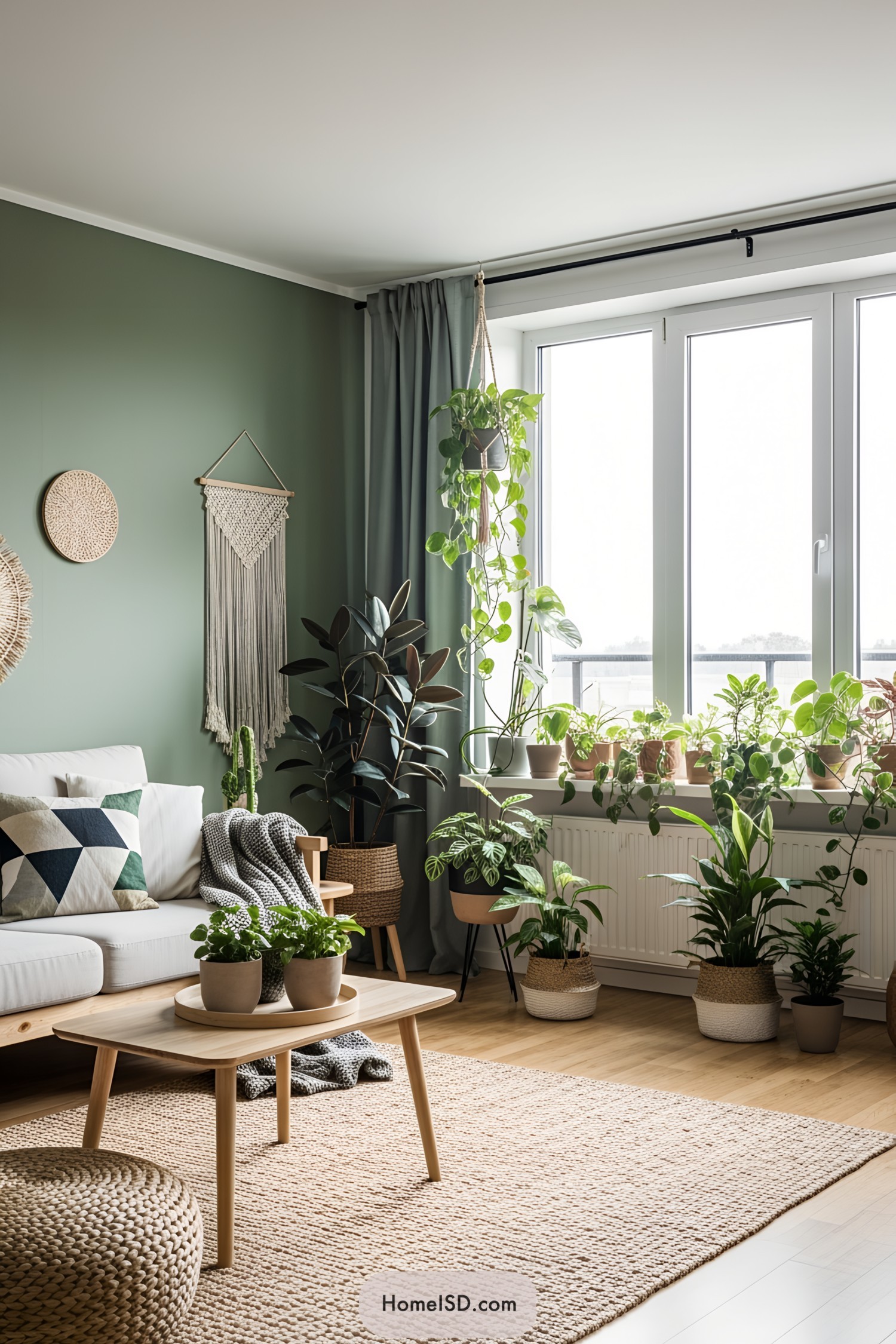Cozy living room with lush plants by a window