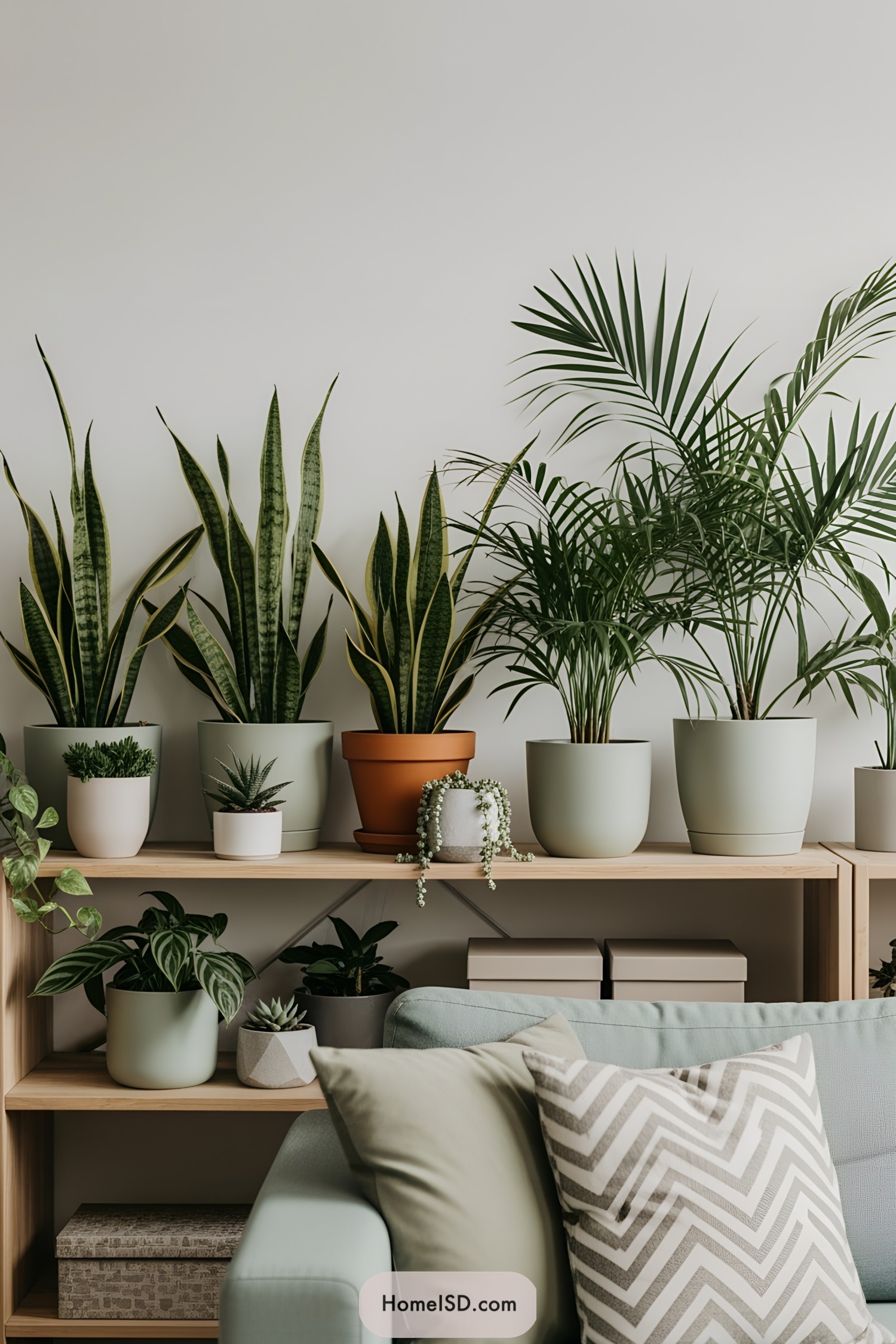 Stylish indoor plants arranged on shelves