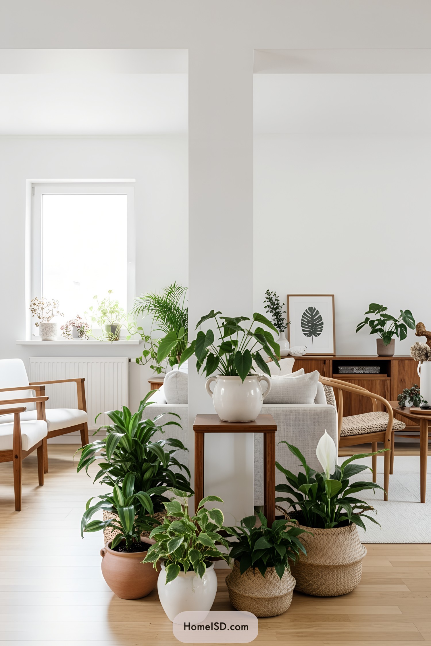 Living room with various indoor plants and minimalist furniture