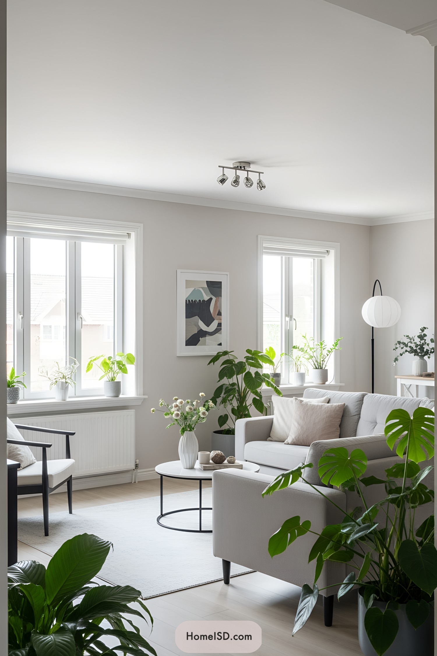 Bright living room with diverse indoor plants and modern furniture