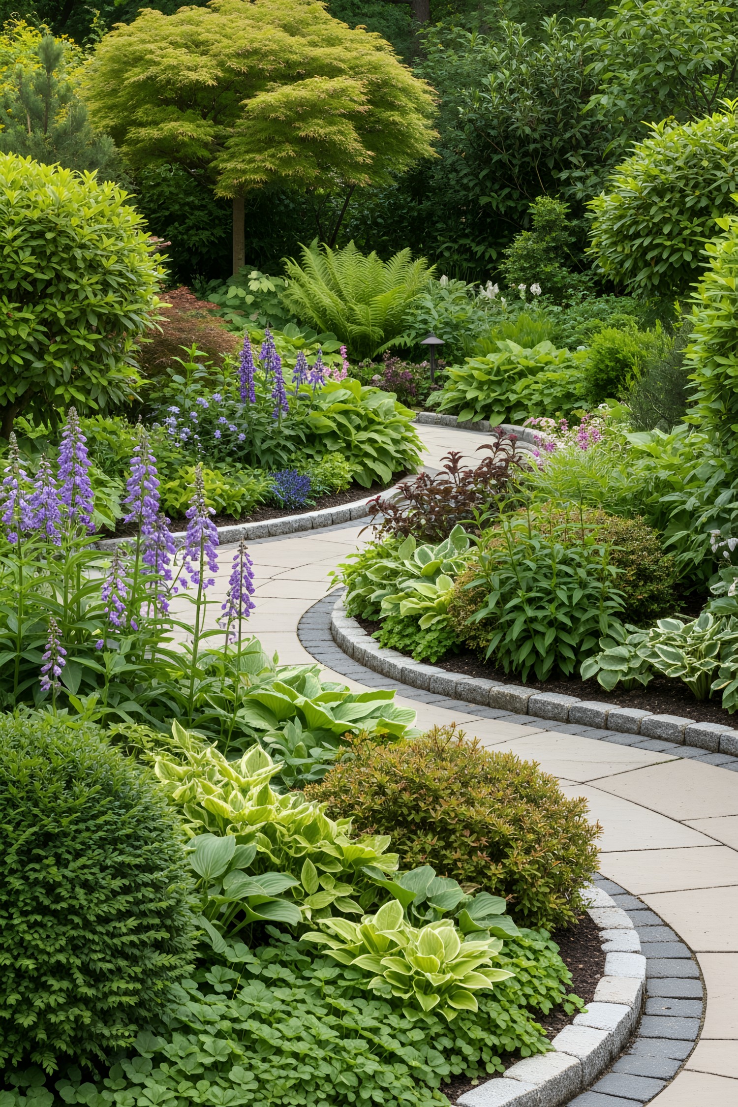Curved garden path with vibrant plants