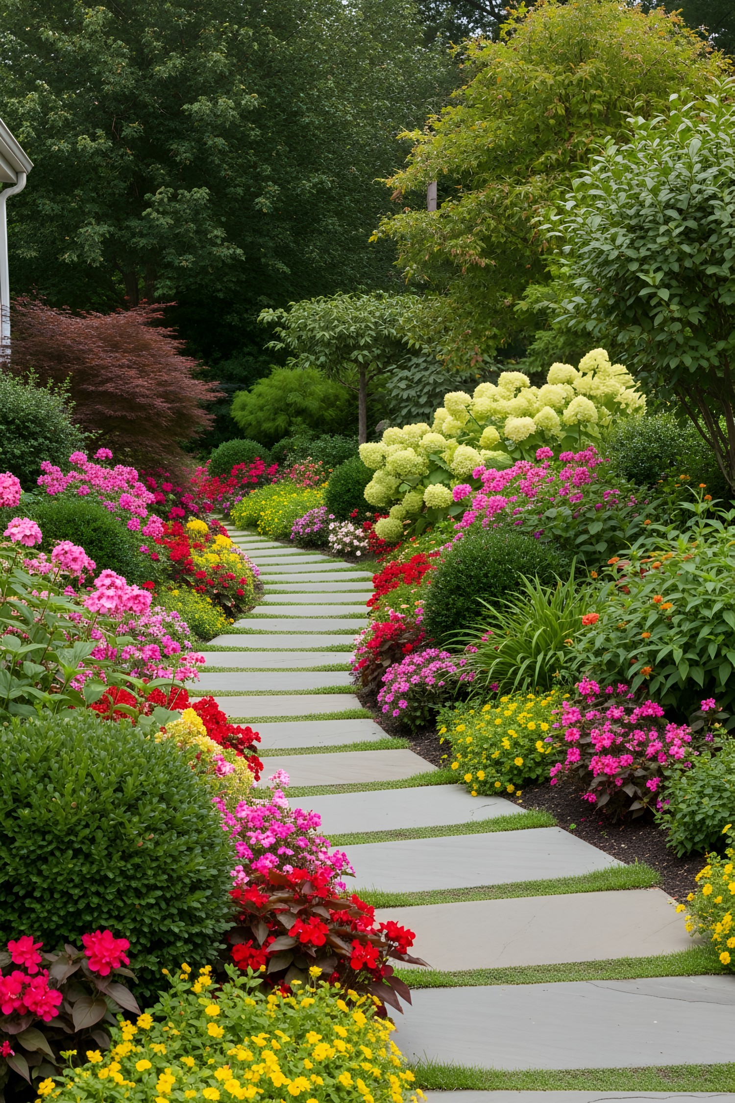 Colorful flowers bordering a stone garden path