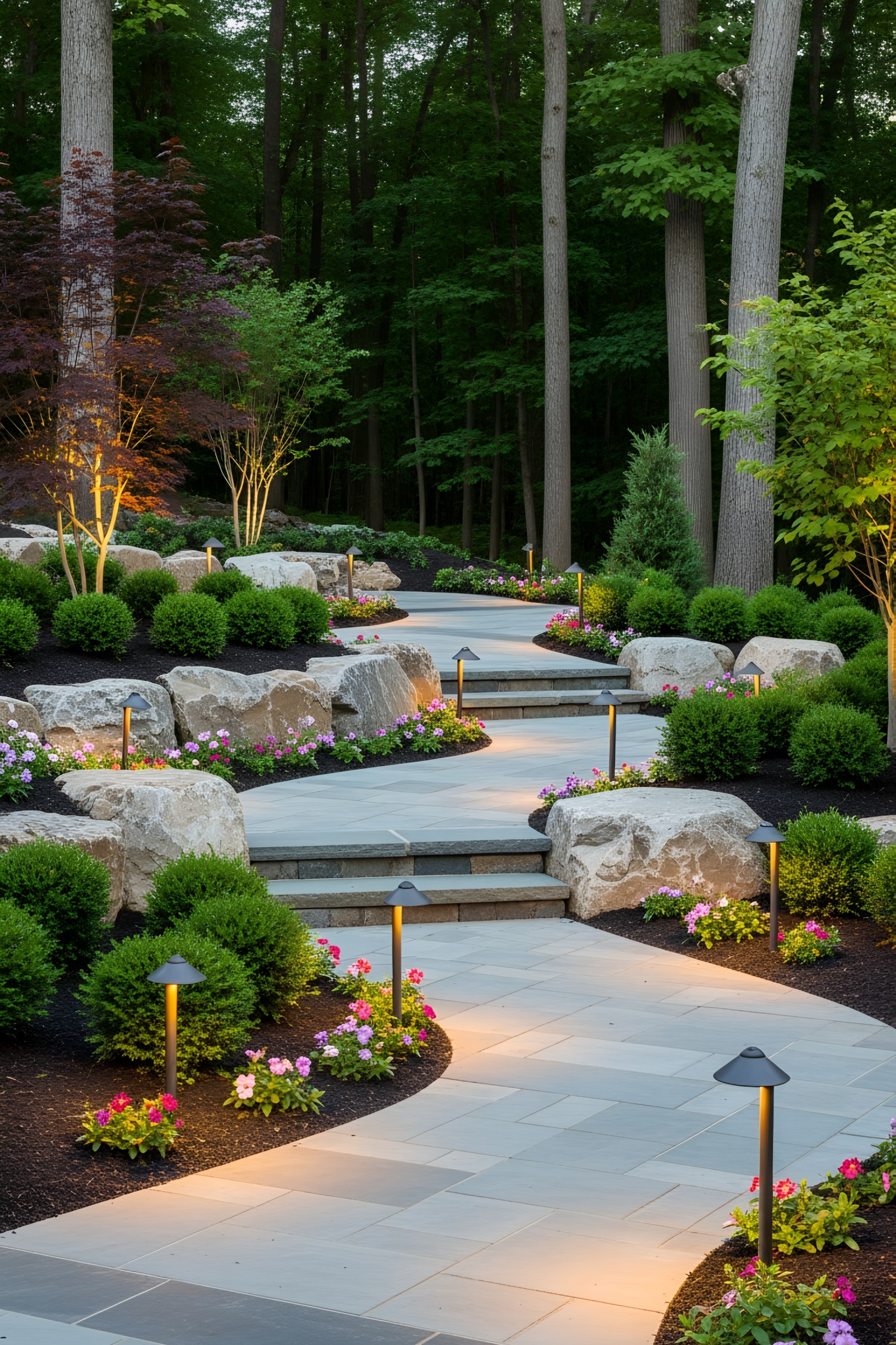 Illuminated garden path with stones and flowers