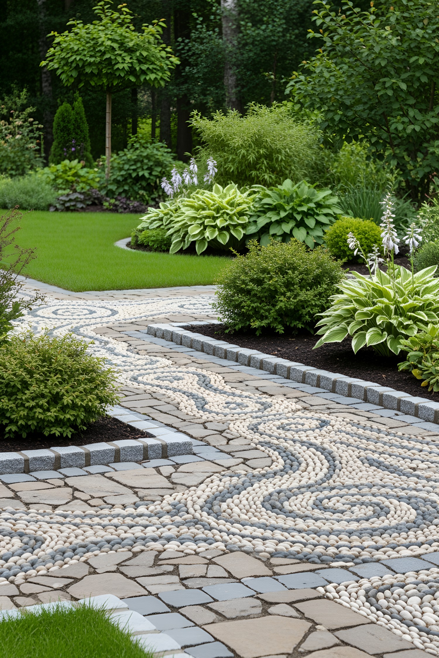 Stone walkway adorned with intricate pebble patterns surrounded by lush greenery