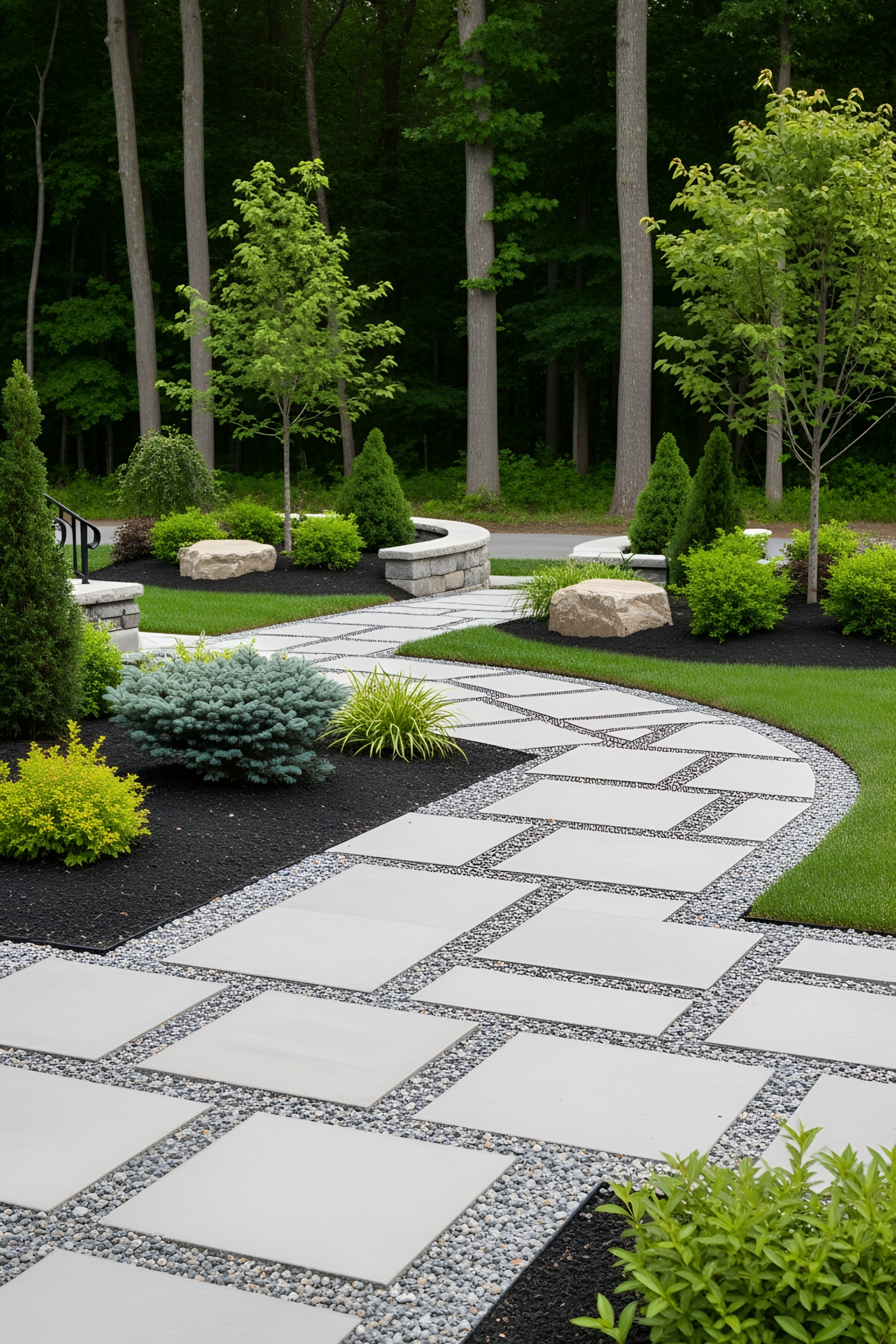 Modern stone walkway with surrounding greenery