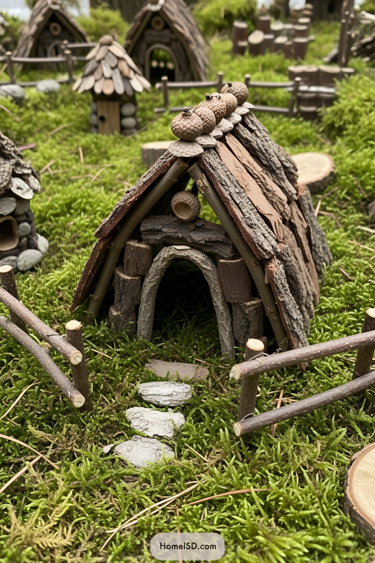 Miniature house made of bark and pebbles surrounded by moss