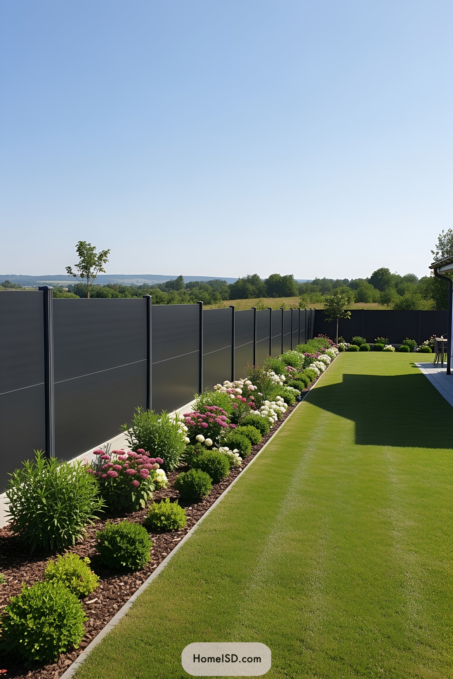 Modern black privacy fence with neat garden border